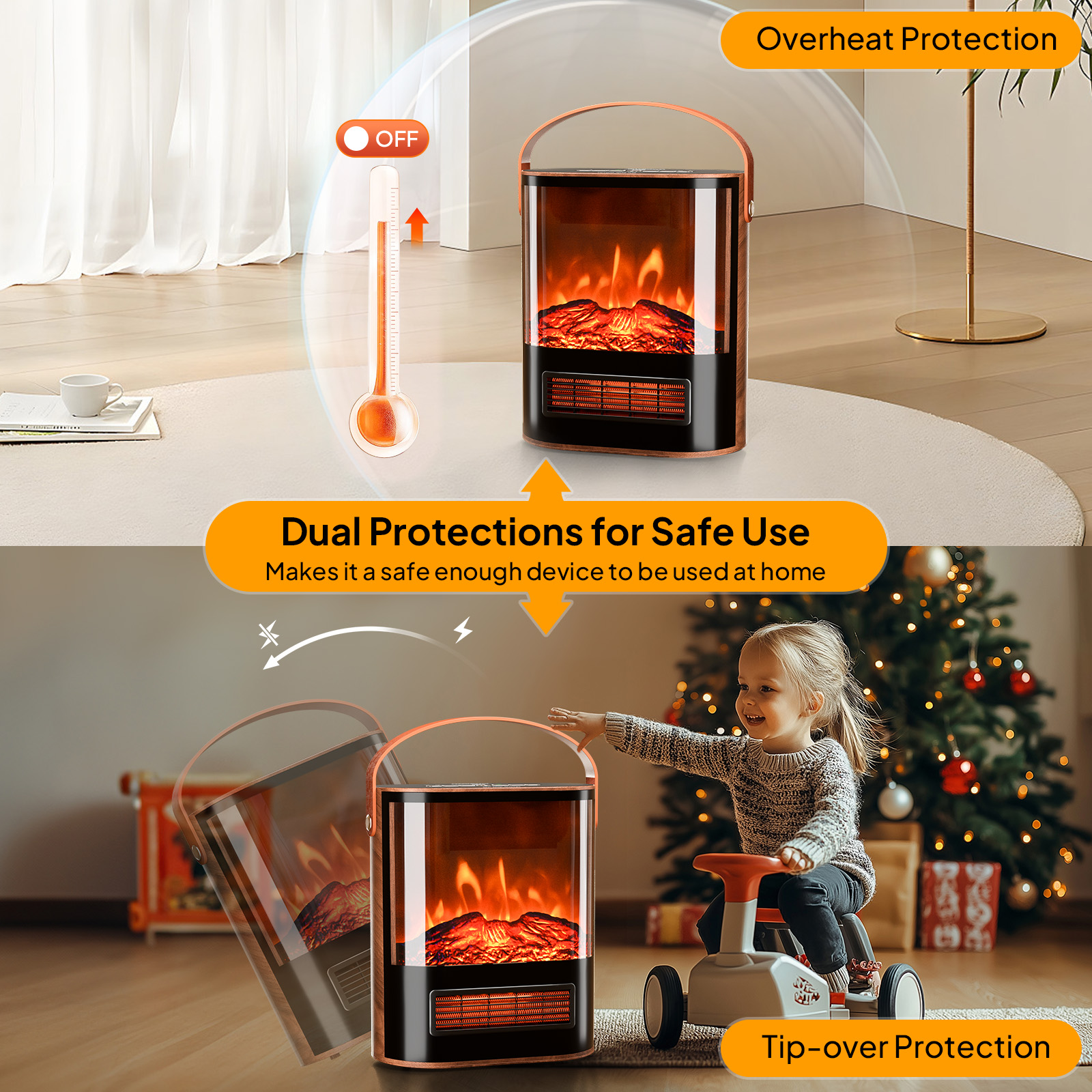 Electric Fireplace w/ Realistic Flame, 1500W Portable Freestanding Space Heater