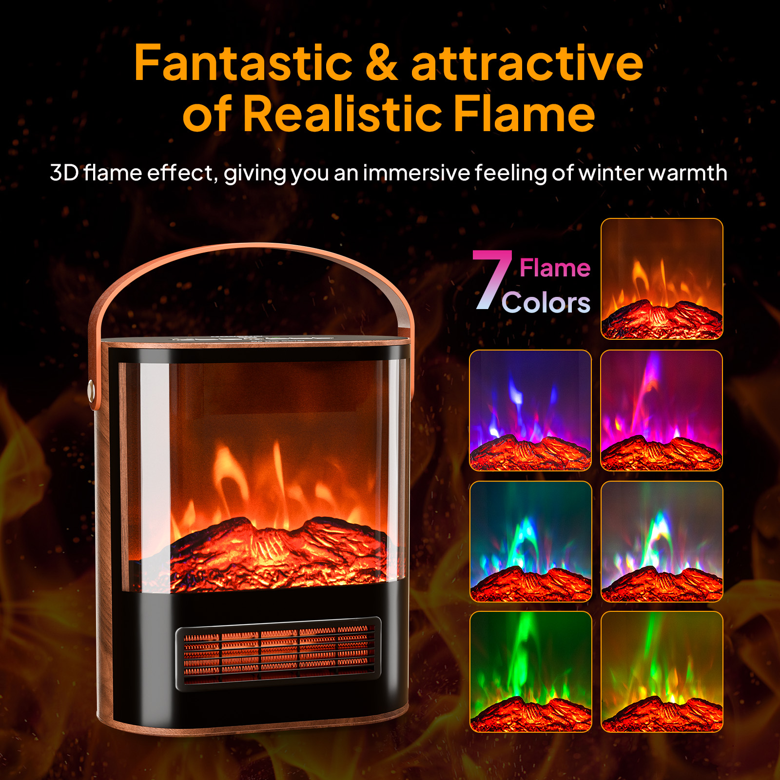 Electric Fireplace w/ Realistic Flame, 1500W Portable Freestanding Space Heater