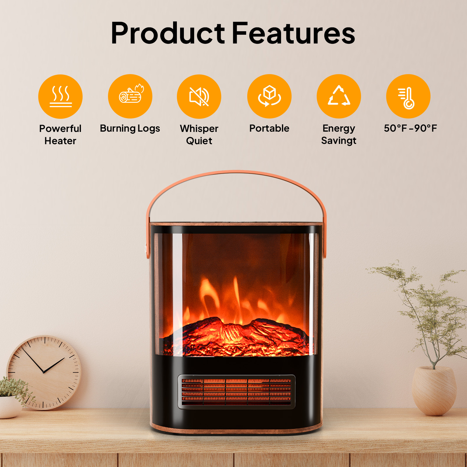 Electric Fireplace w/ Realistic Flame, 1500W Portable Freestanding Space Heater