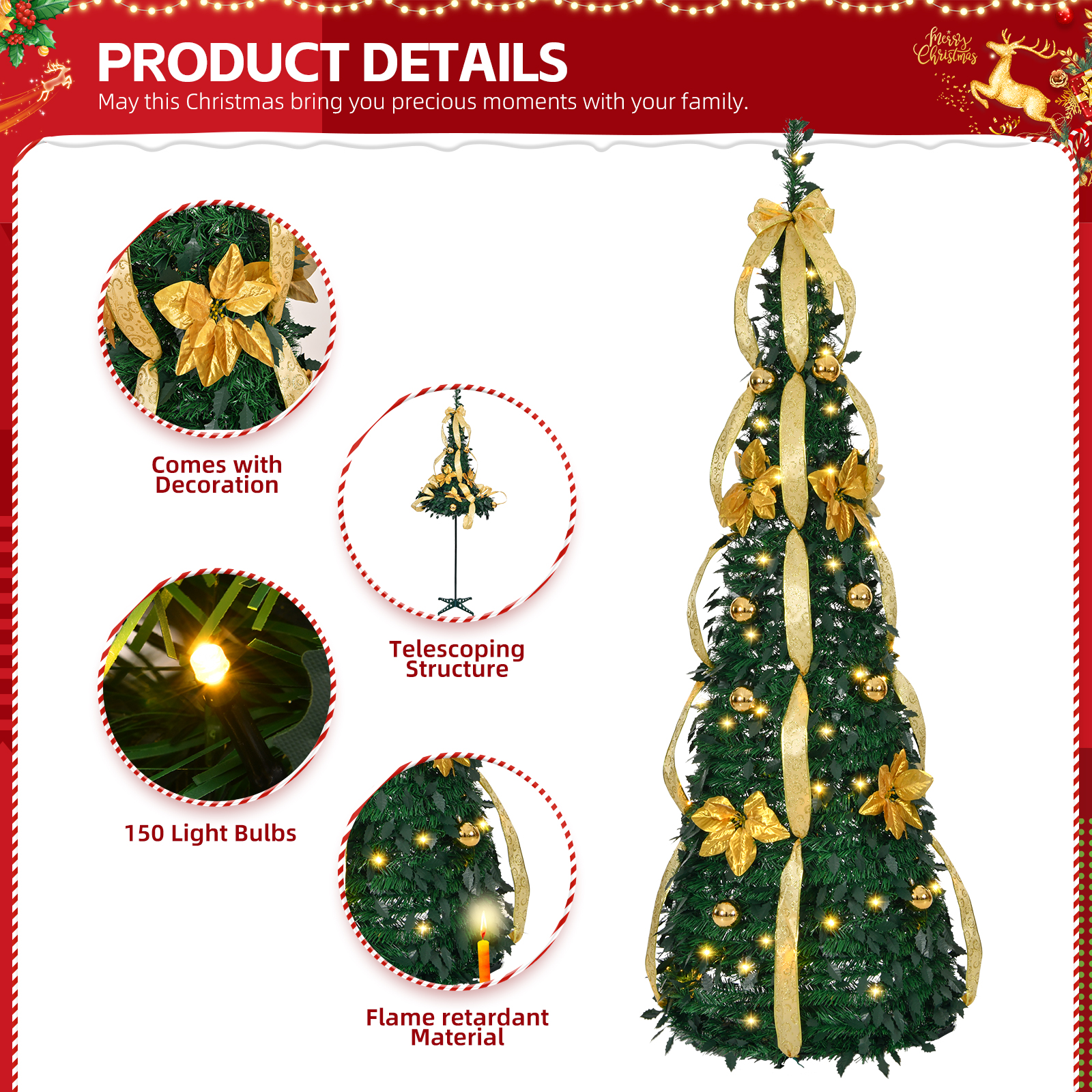 6Ft 7Ft Pop up Christmas Tree Pre-Lit LED Pencil Xmas Tree Pre ...