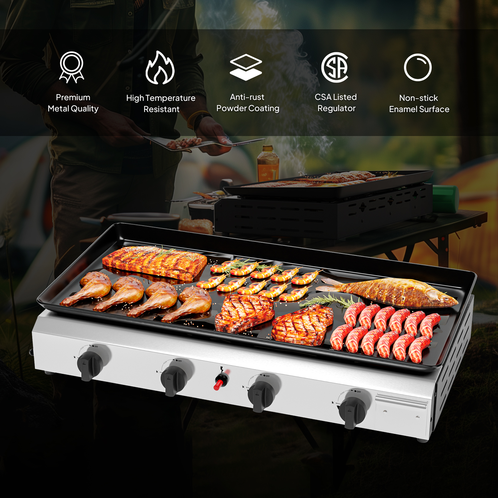 2-4 Burner Propane Gas Flat Top Griddle w/ Piezo Ignition & Enameled Tray - Picture 35 of 38