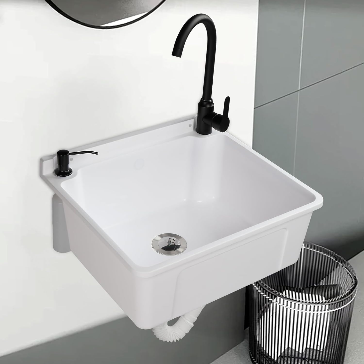 Plastic Wall-Mounted Utility Sink with Wall Bracket, Hot&Cold Faucet, Drain Plug - Picture 19 of 20