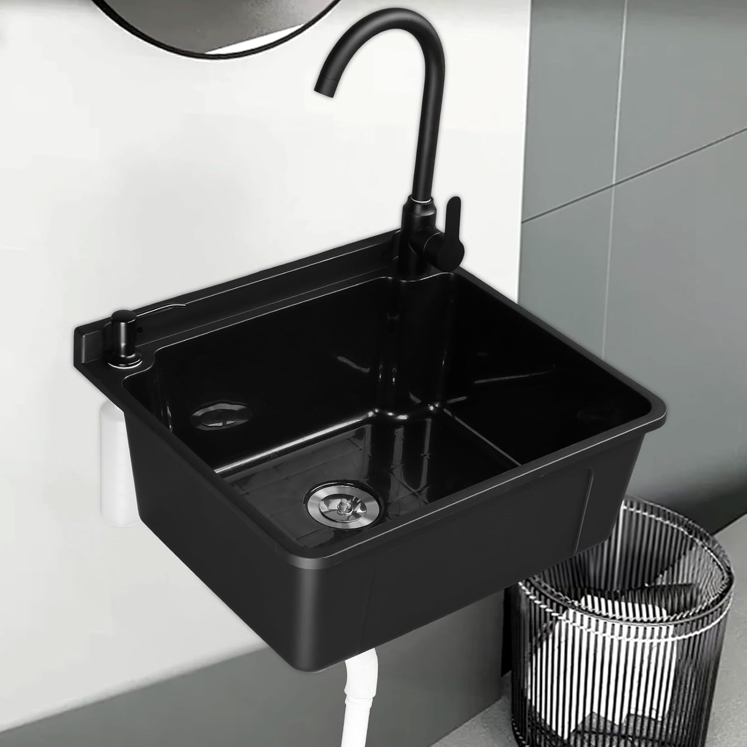Plastic Wall-Mounted Utility Sink with Wall Bracket, Hot&Cold Faucet, Drain Plug - Picture 20 of 20