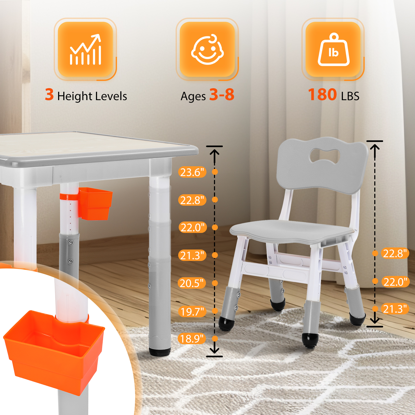Kids Adjustable Toddler Table and Chairs Set Children Play Table for Age 3-8 - Picture 11 of 14
