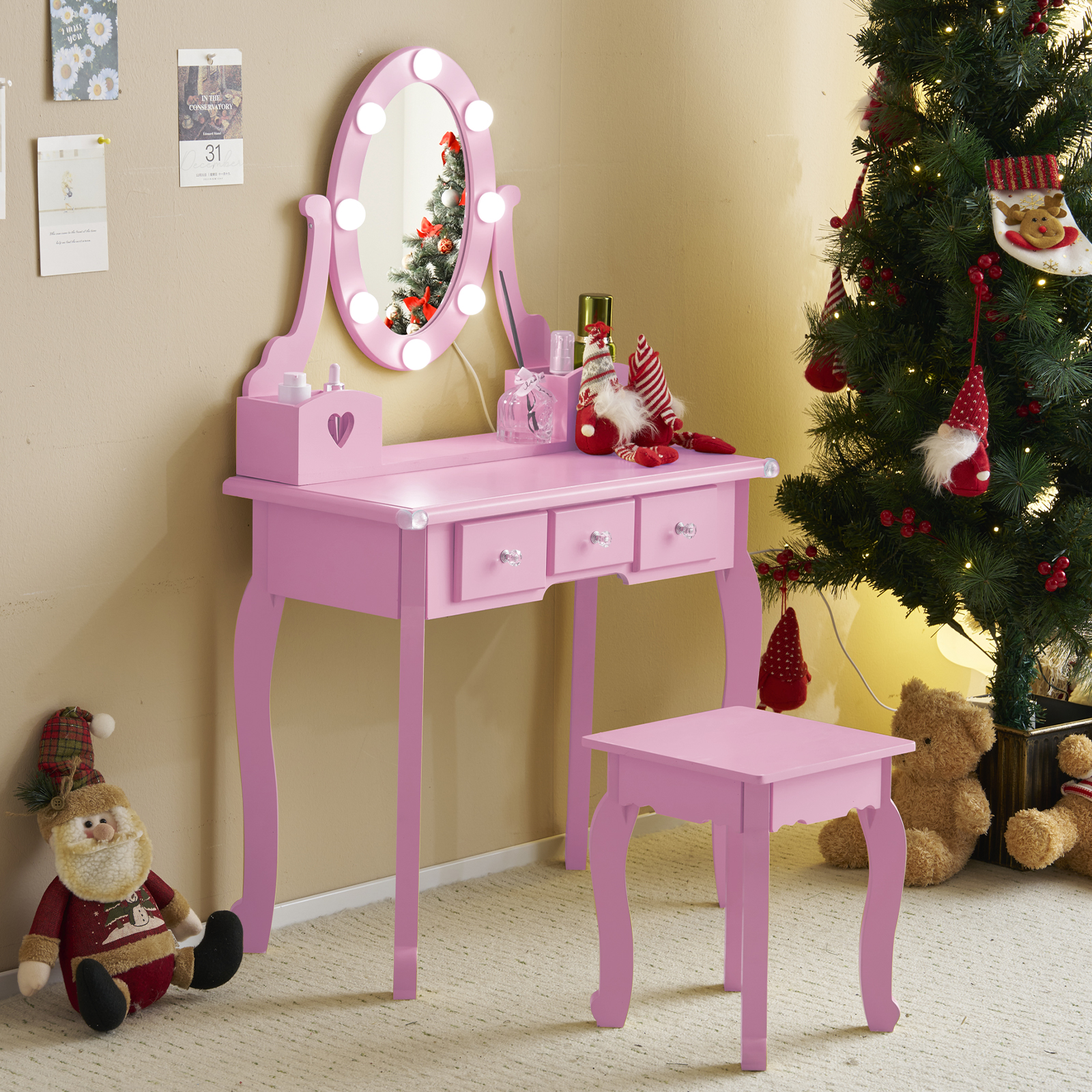 Kids Girls Vanity Table Set Makeup Dressing Mirror with Drawers Stool Xmas Gift - Picture 67 of 75