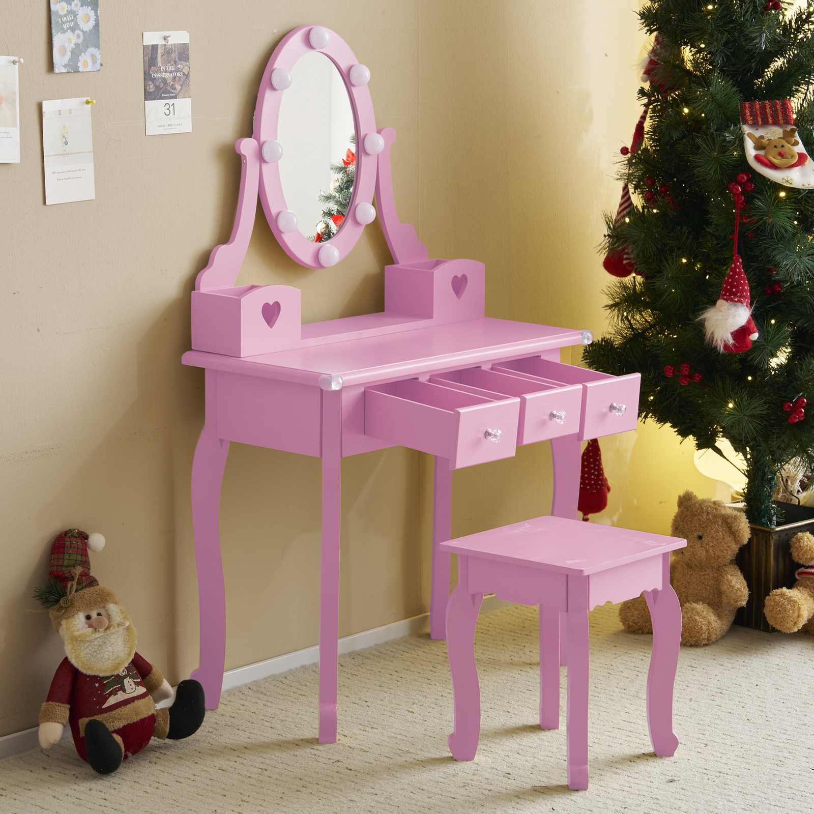 Kids Girls Vanity Table Set Makeup Dressing Mirror with Drawers Stool Xmas Gift - Picture 68 of 75