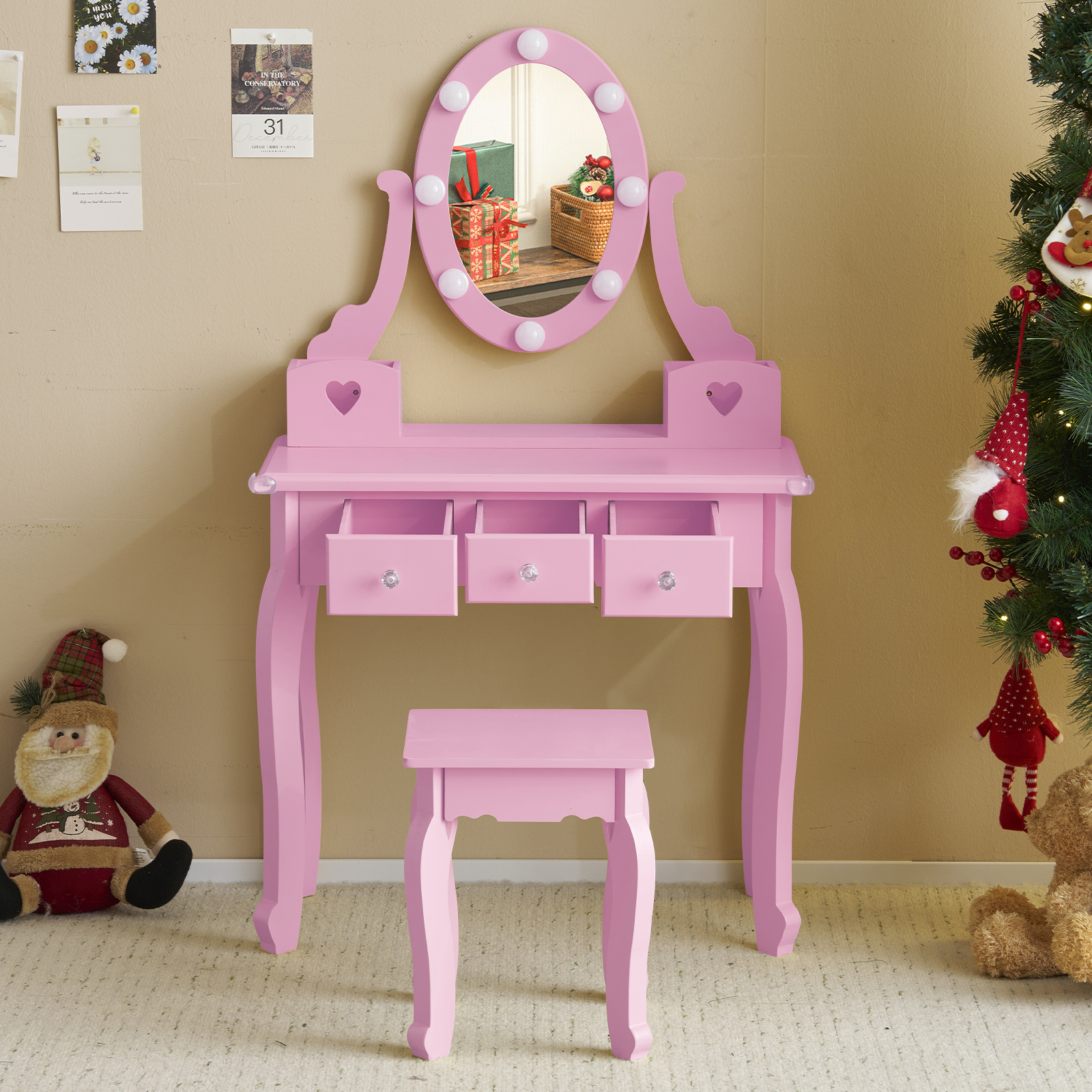 Kids Girls Vanity Table Set Makeup Dressing Mirror with Drawers Stool Xmas Gift - Picture 70 of 75