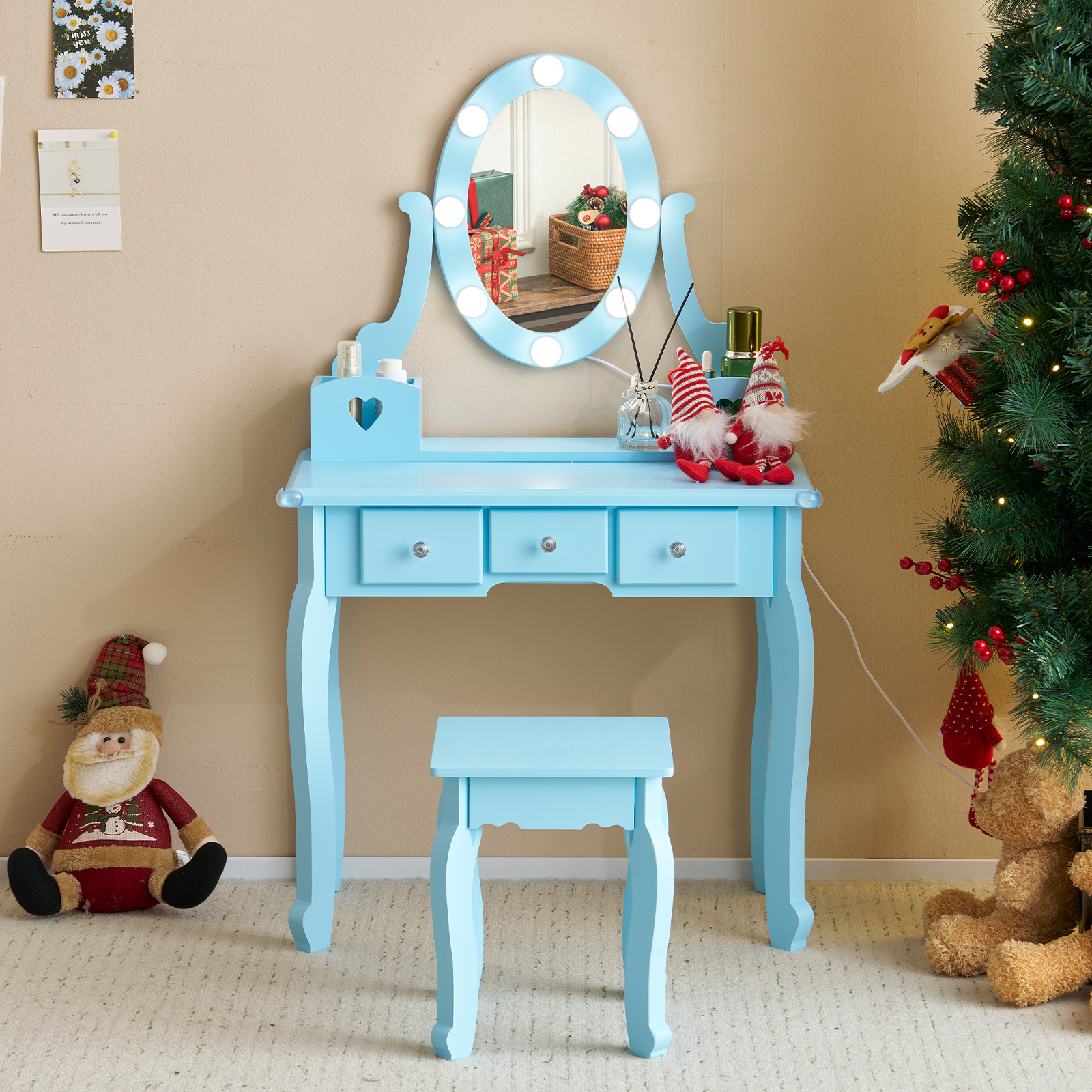 Kids Girls Vanity Table Set Makeup Dressing Mirror with Drawers Stool Xmas Gift - Picture 2 of 75