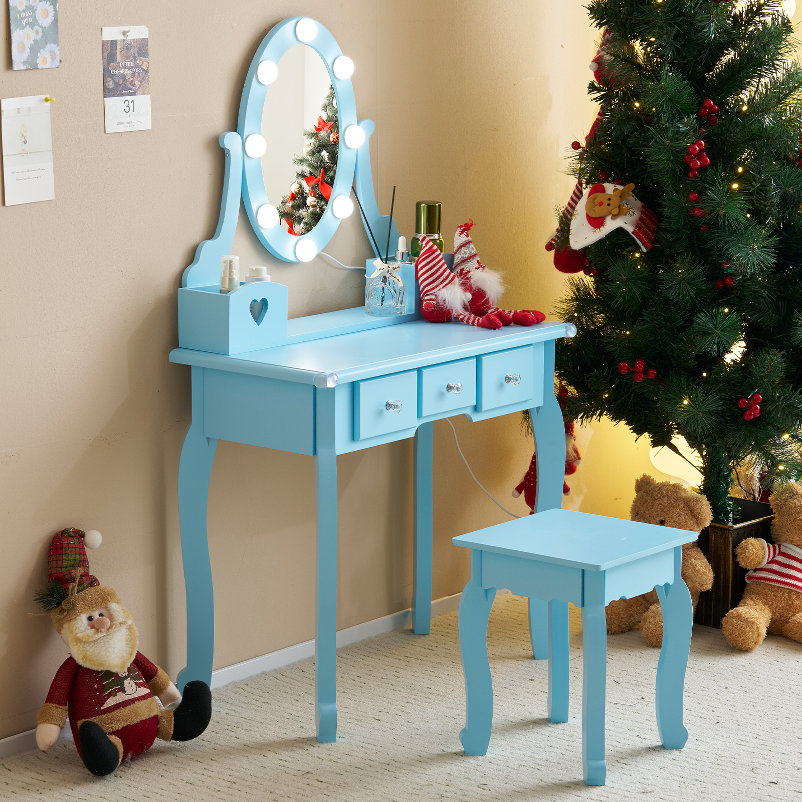 Kids Girls Vanity Table Set Makeup Dressing Mirror with Drawers Stool Xmas Gift - Picture 5 of 75