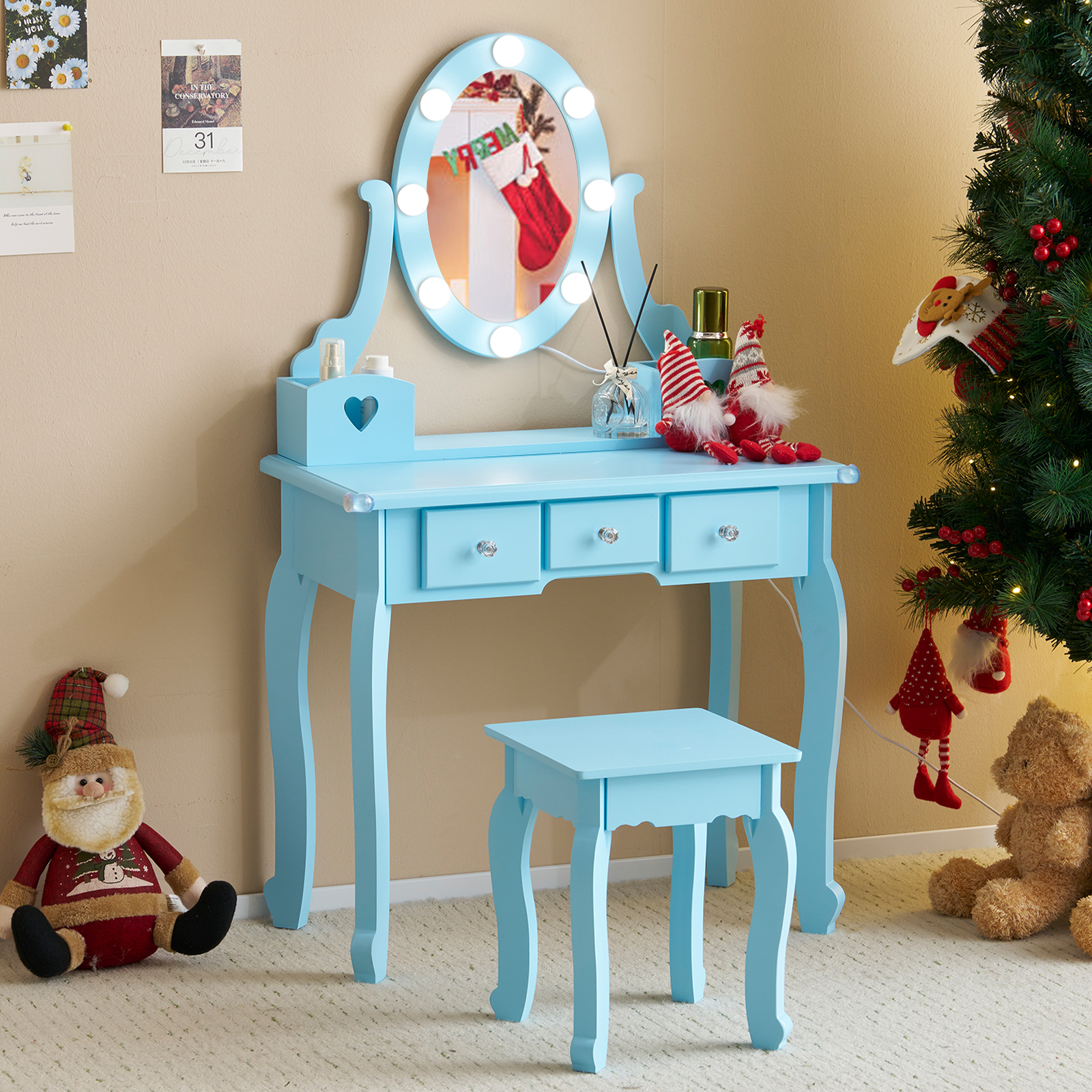 Kids Girls Vanity Table Set Makeup Dressing Mirror with Drawers Stool Xmas Gift - Picture 7 of 75