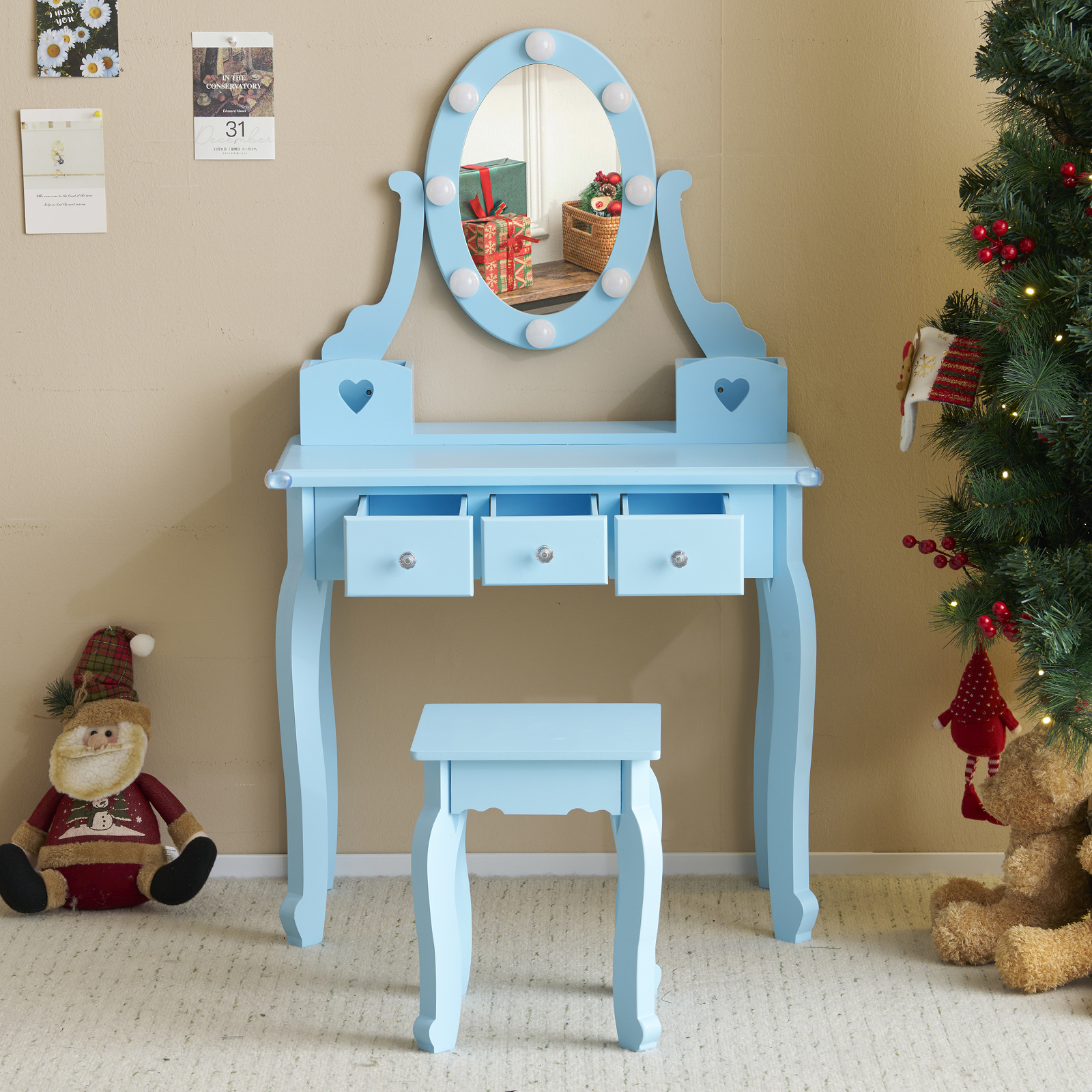 Kids Girls Vanity Table Set Makeup Dressing Mirror with Drawers Stool Xmas Gift - Picture 8 of 75