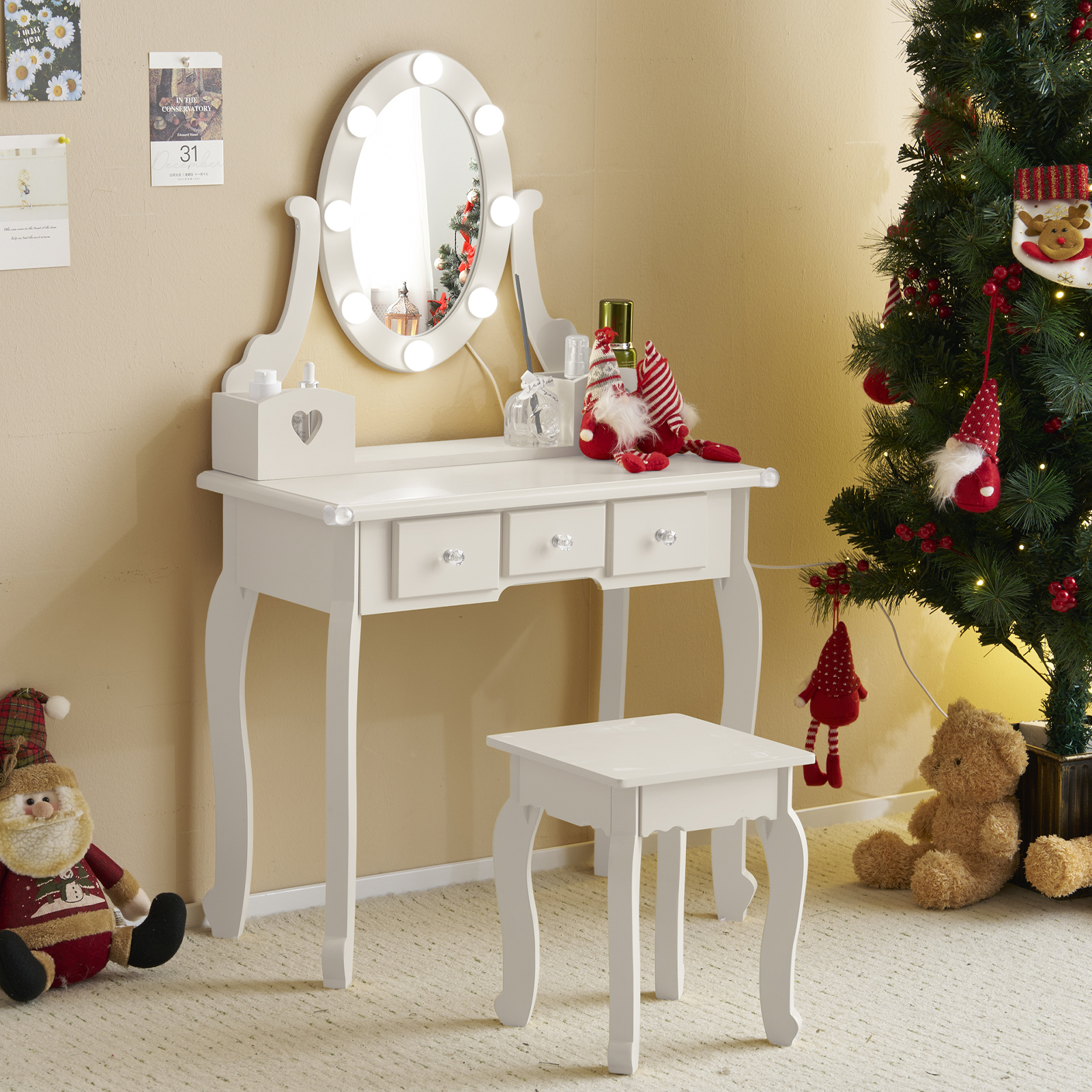 Kids Girls Vanity Table Set Makeup Dressing Mirror with Drawers Stool Xmas Gift - Picture 18 of 75