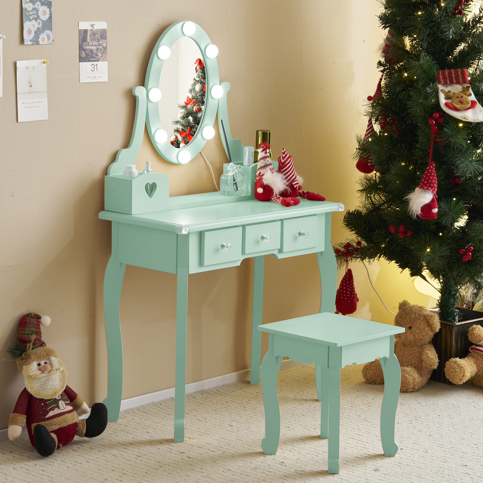 Kids Girls Vanity Table Set Makeup Dressing Mirror with Drawers Stool Xmas Gift - Picture 24 of 75