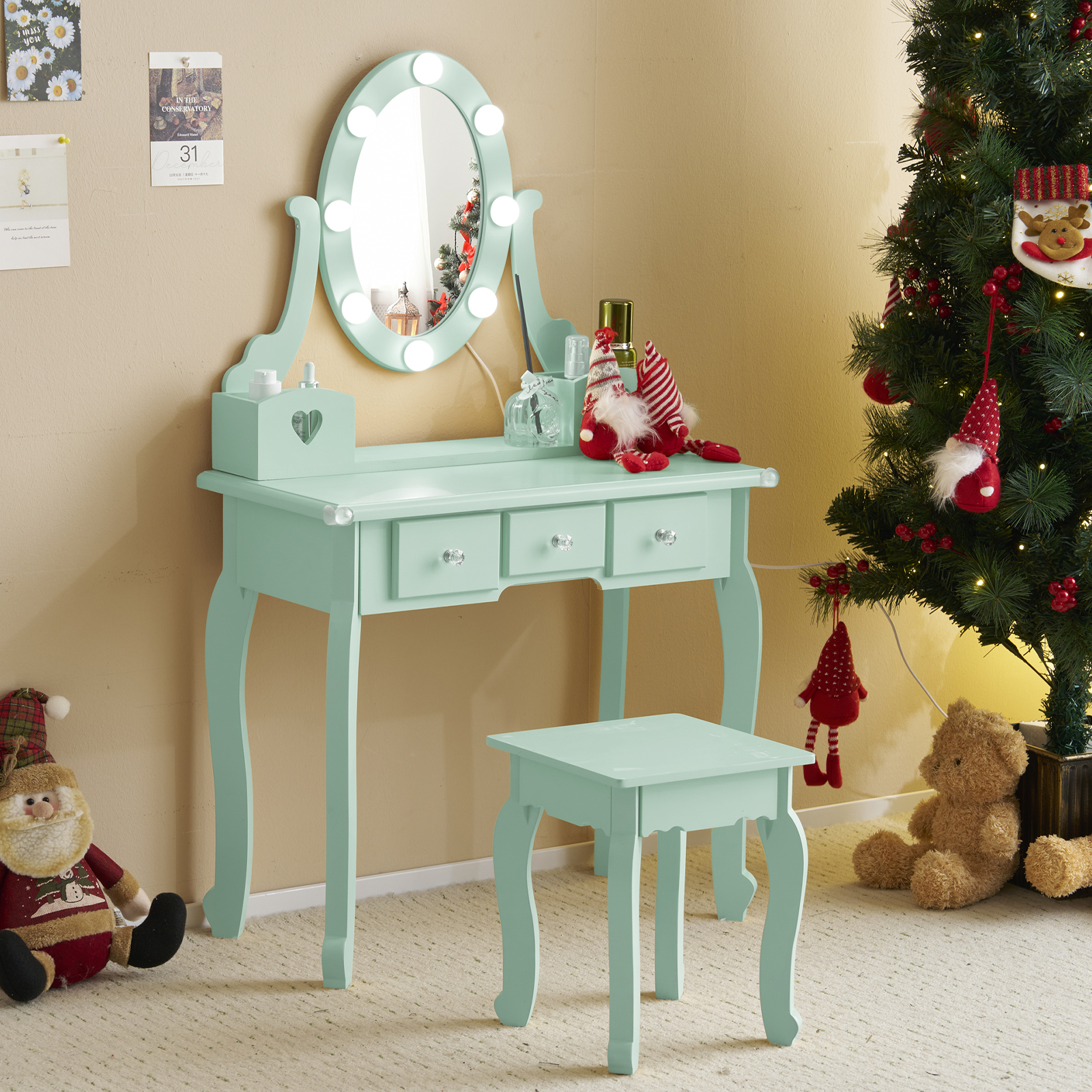 Kids Girls Vanity Table Set Makeup Dressing Mirror with Drawers Stool Xmas Gift - Picture 26 of 75
