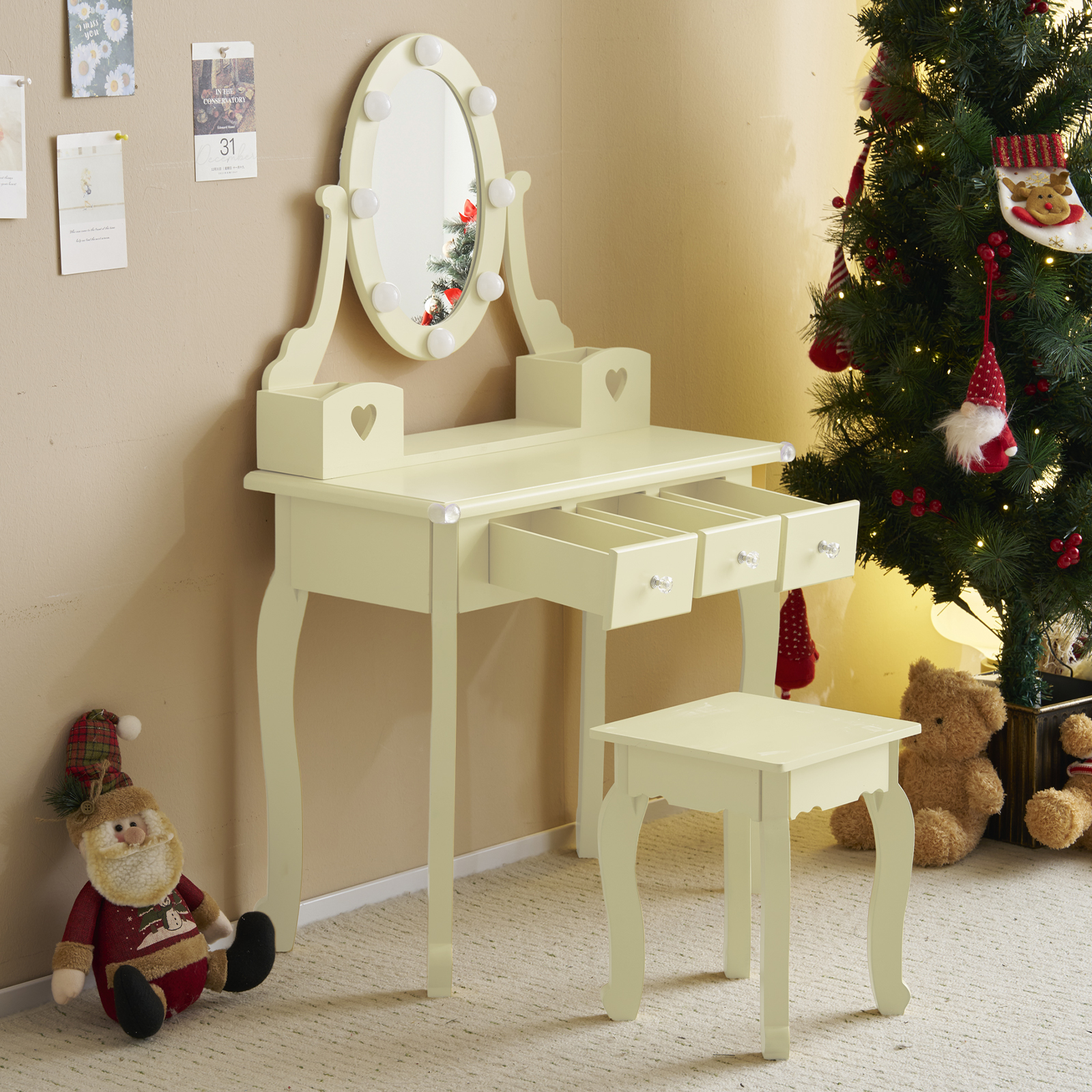 Kids Girls Vanity Table Set Makeup Dressing Mirror with Drawers Stool Xmas Gift - Picture 36 of 75