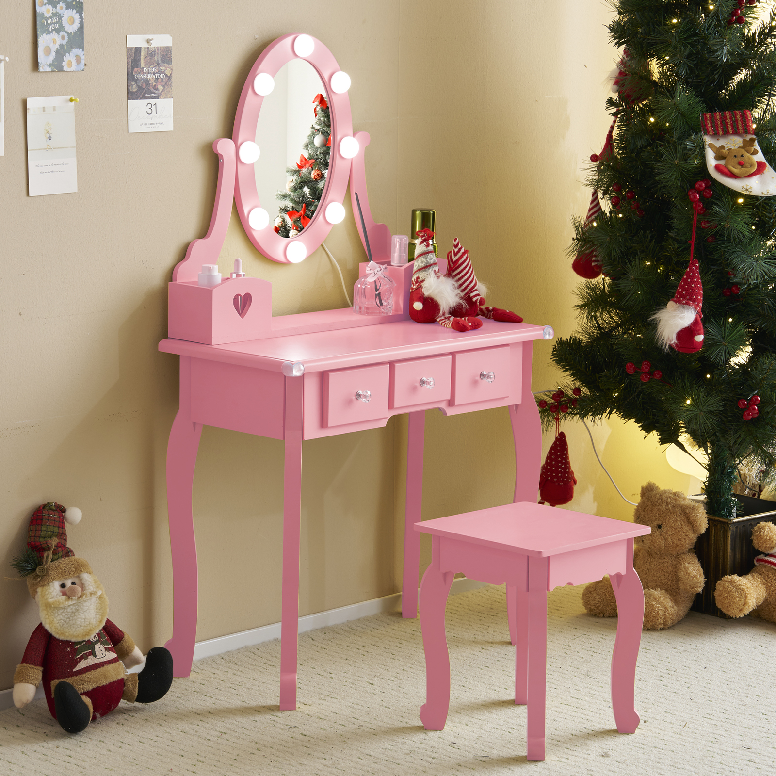 Kids Girls Vanity Table Set Makeup Dressing Mirror with Drawers Stool Xmas Gift - Picture 58 of 75