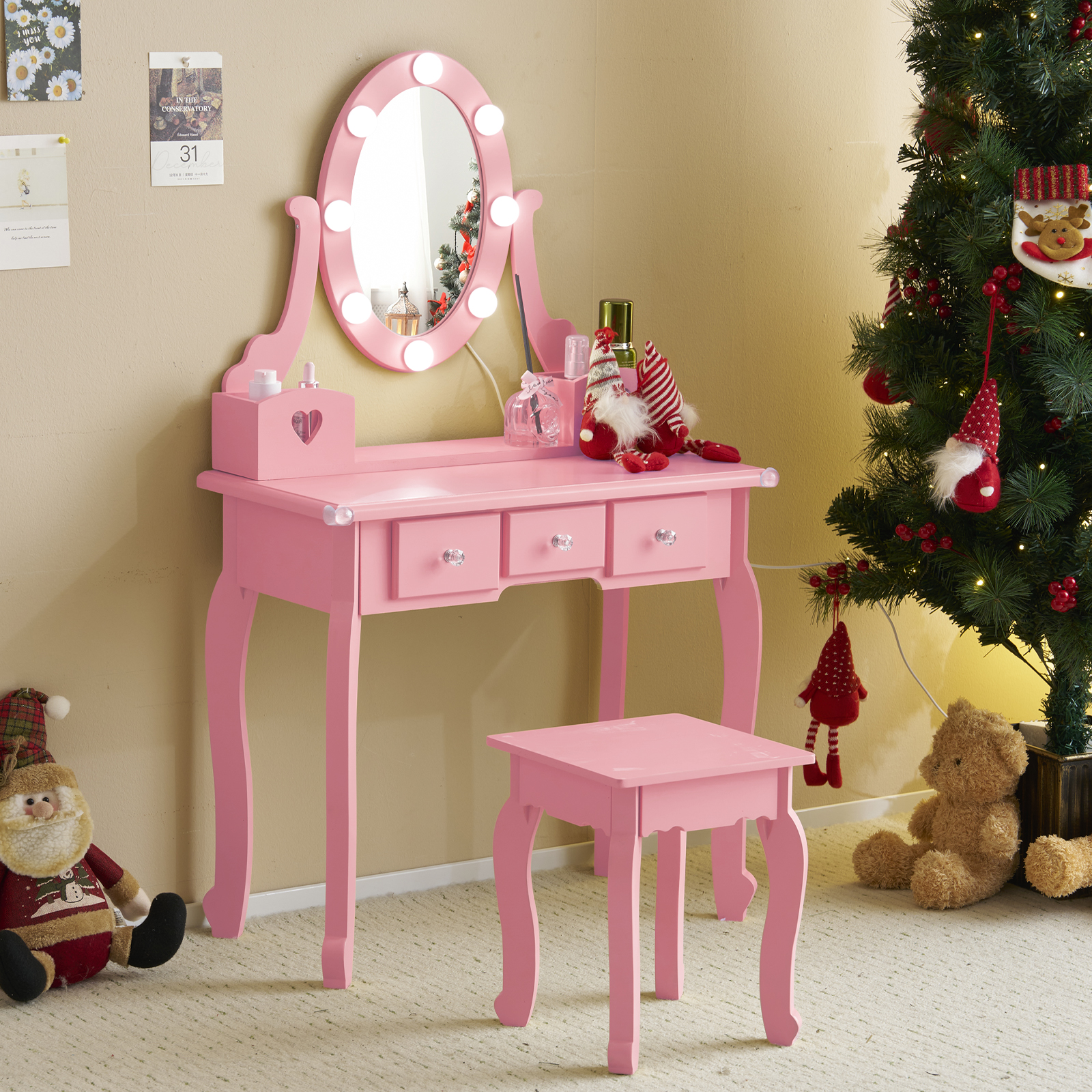 Kids Girls Vanity Table Set Makeup Dressing Mirror with Drawers Stool Xmas Gift - Picture 60 of 75