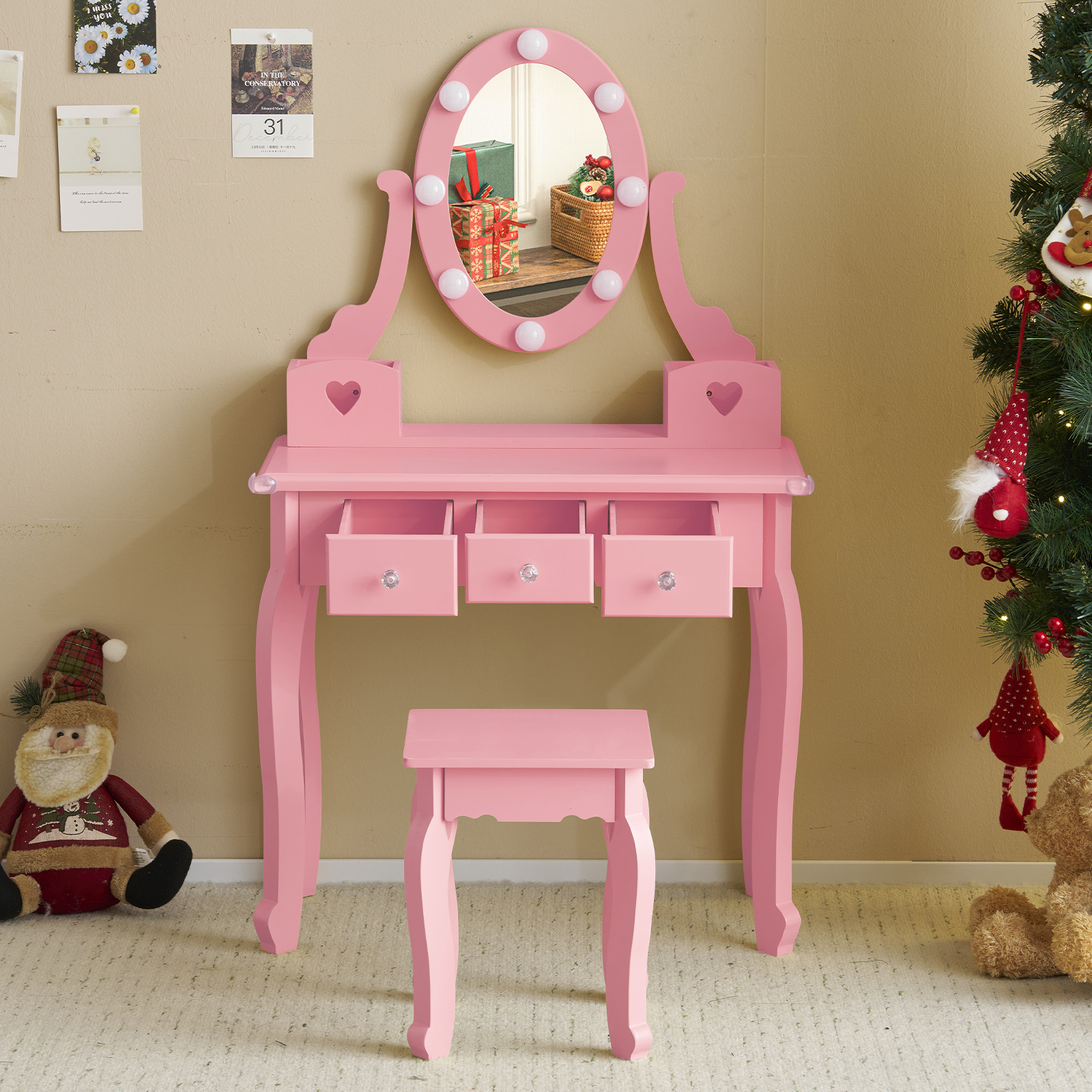 Kids Girls Vanity Table Set Makeup Dressing Mirror with Drawers Stool Xmas Gift - Picture 59 of 75
