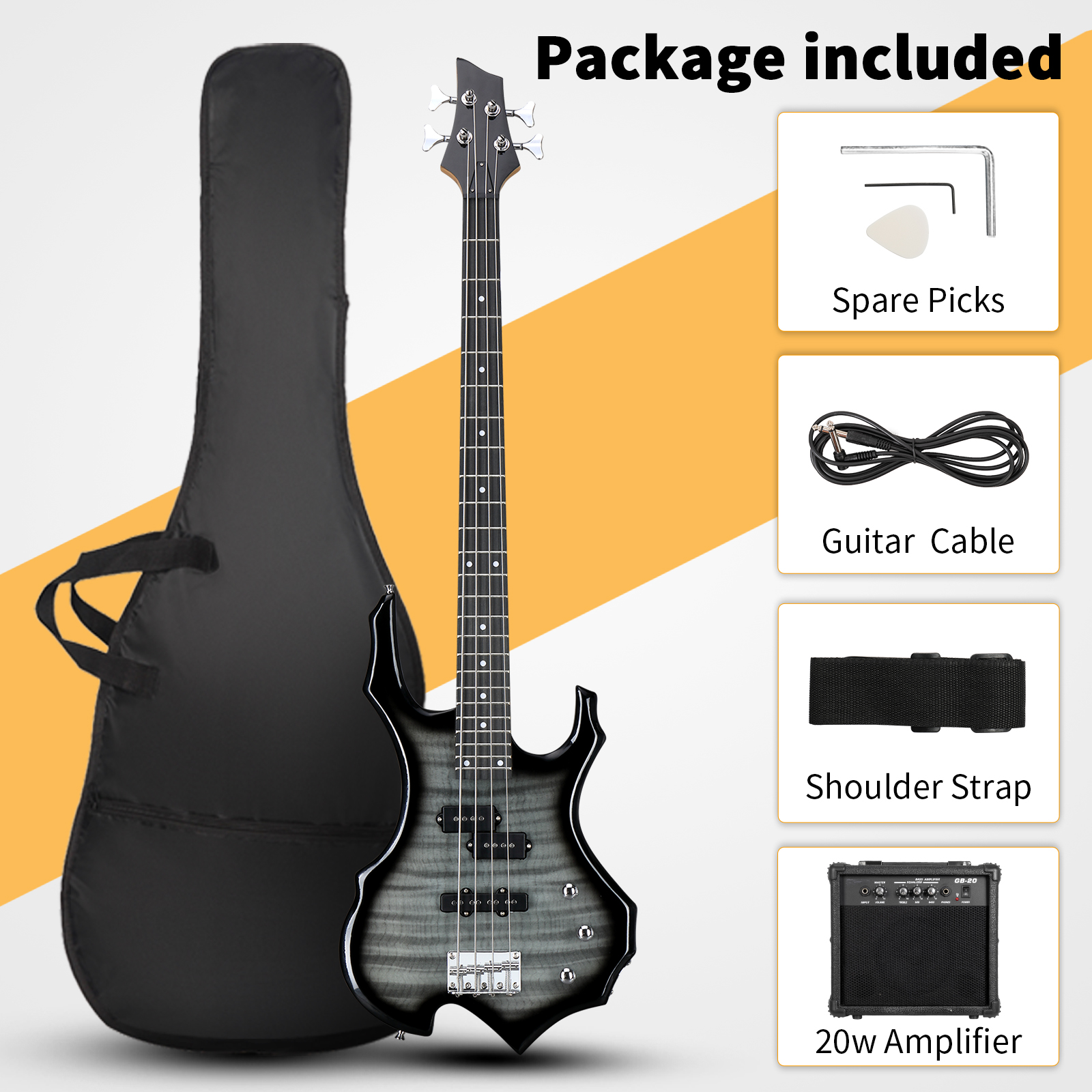 46 Inch Full Size Burning Fire 4 String Electric Bass Guitar SS Pickups AMP Kits