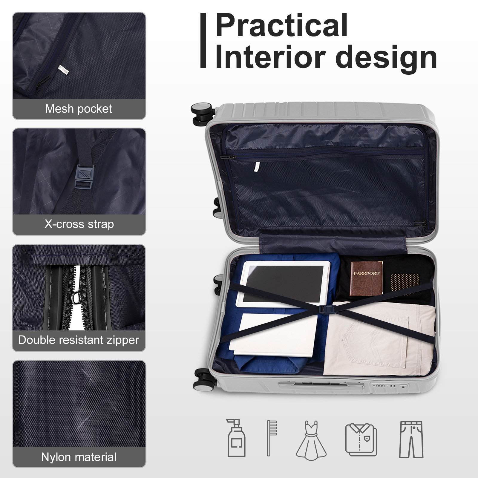20" Luggage Set 3 Pieces Spinner Wheels Suitcase with Storage Bag & TSA Lock - Picture 17 of 71