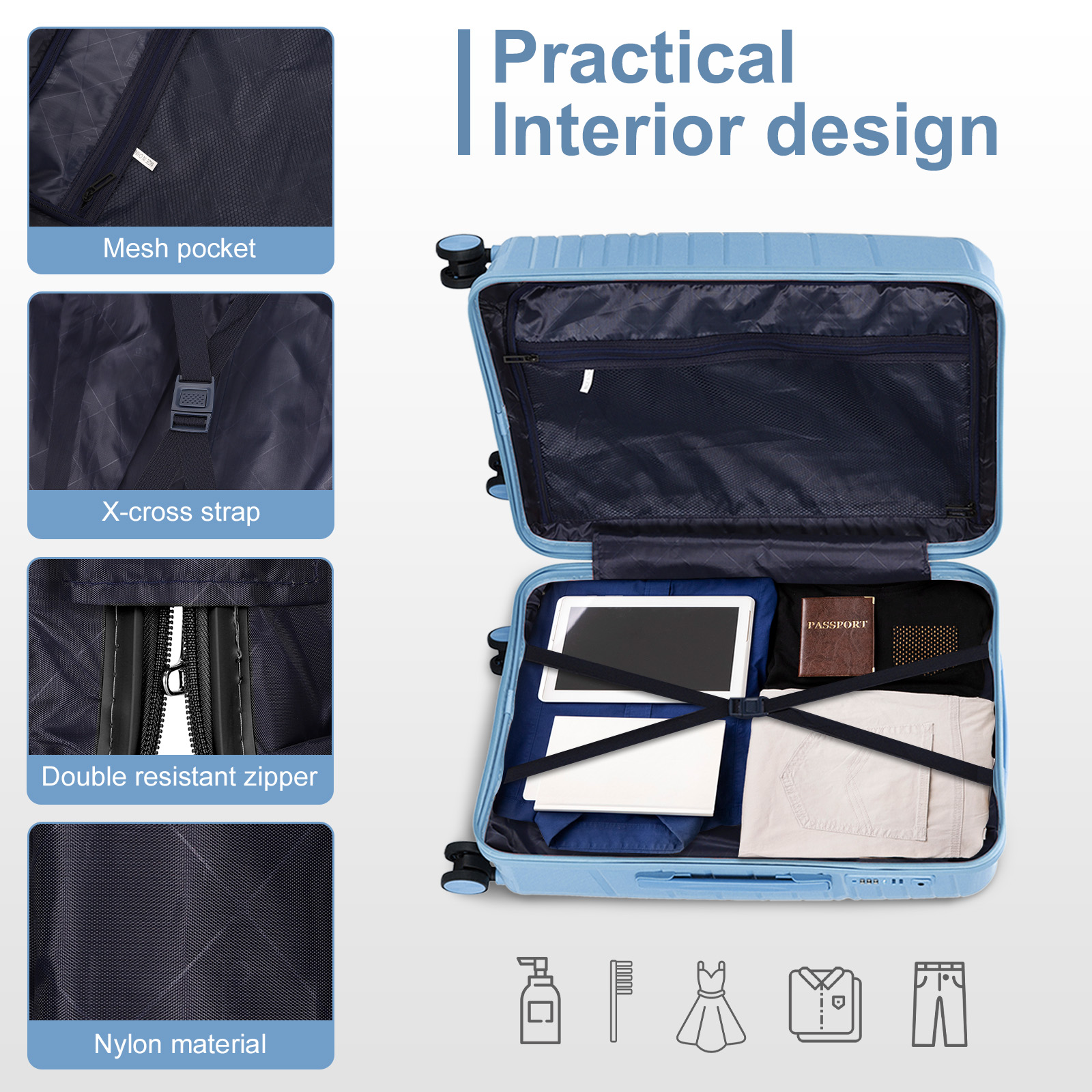 20" Luggage Set 3 Pieces Spinner Wheels Suitcase with Storage Bag & TSA Lock - Picture 30 of 71