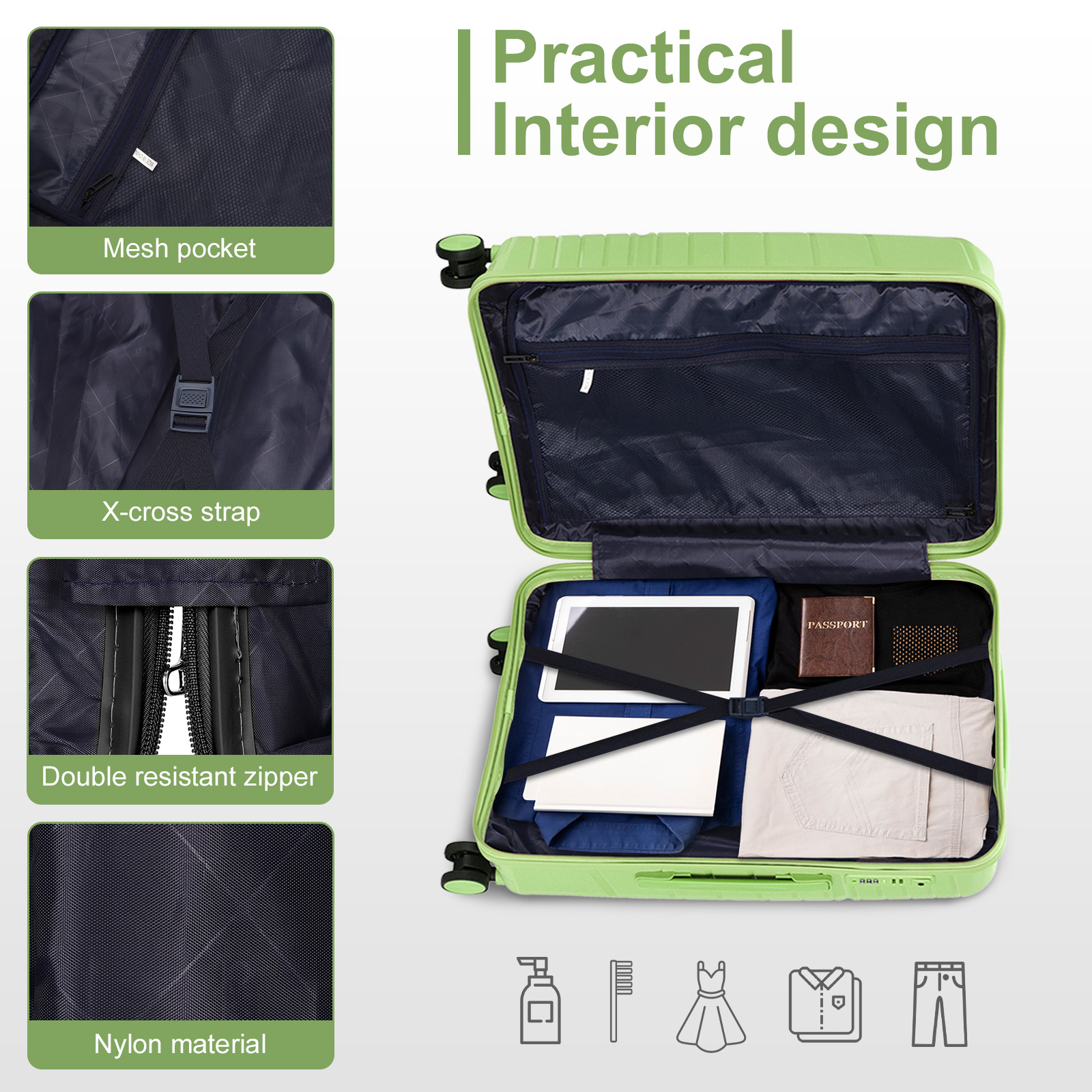 20" Luggage Set 3 Pieces Spinner Wheels Suitcase with Storage Bag & TSA Lock - Picture 42 of 71