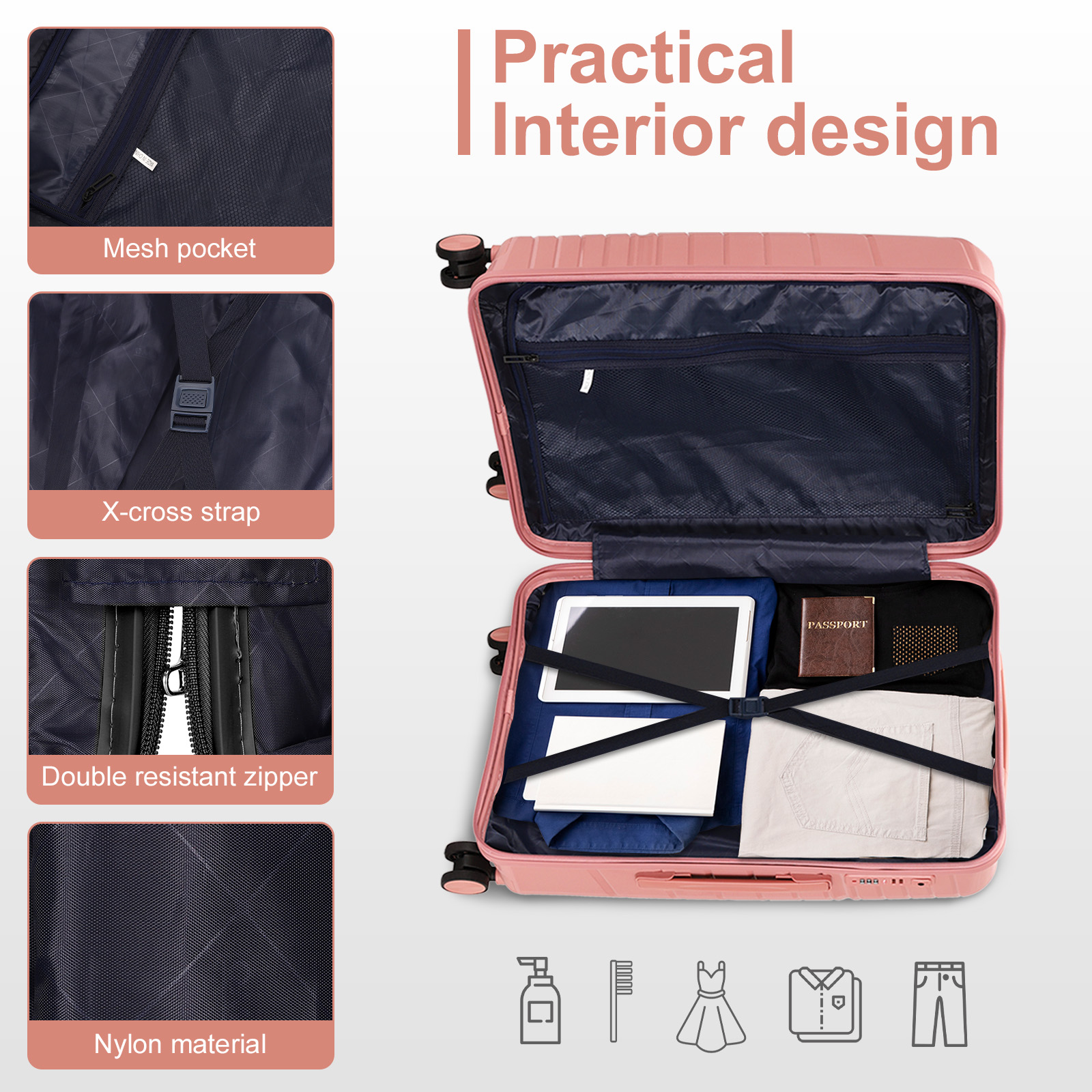 20" Luggage Set 3 Pieces Spinner Wheels Suitcase with Storage Bag & TSA Lock - Picture 54 of 71