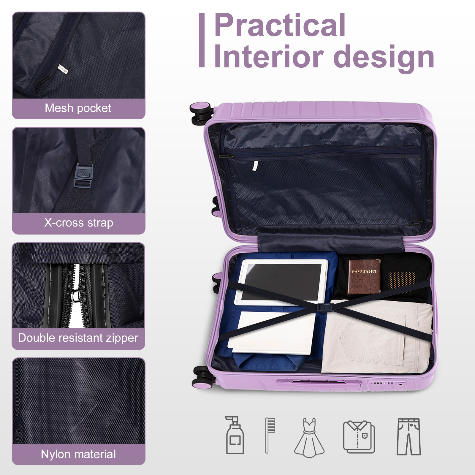 20" Luggage Set 3 Pieces Spinner Wheels Suitcase with Storage Bag & TSA Lock - Picture 66 of 71