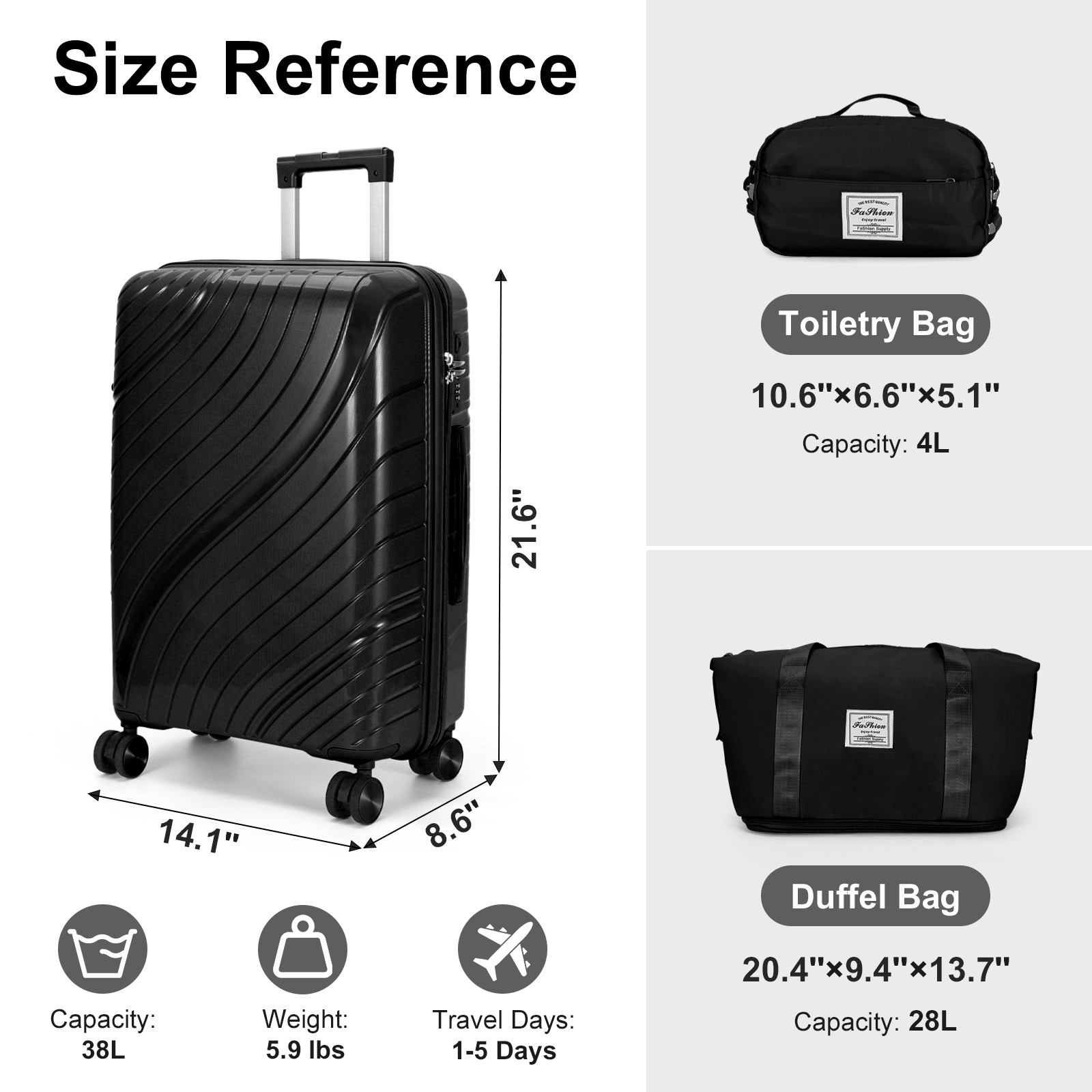 20" Trolley Lightweight Luggage Suitcase Duffel Toiletry Bag Set with TSA Lock