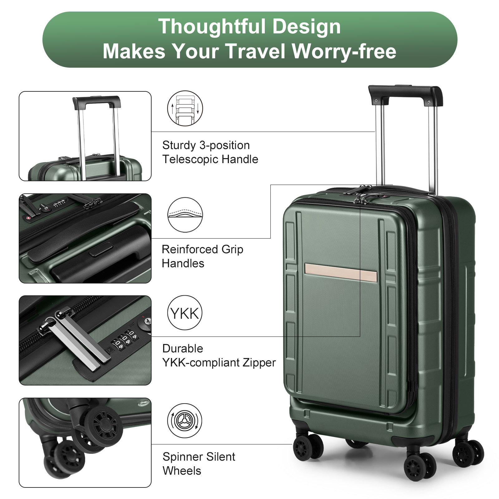 20" Extensible Front Opening Pocket Suitcase with Wheels Travel Luggage TSA Lock