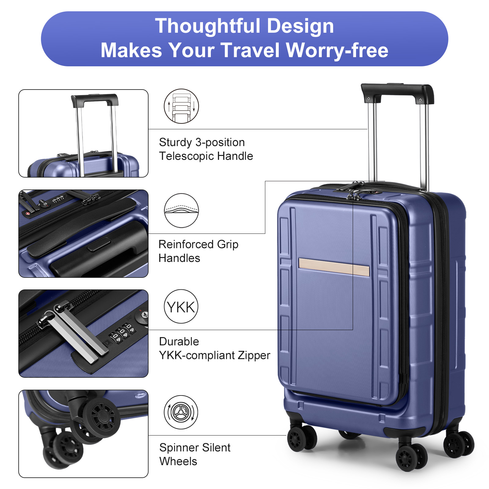 20" Extensible Front Opening Pocket Suitcase with Wheels Travel Luggage TSA Lock