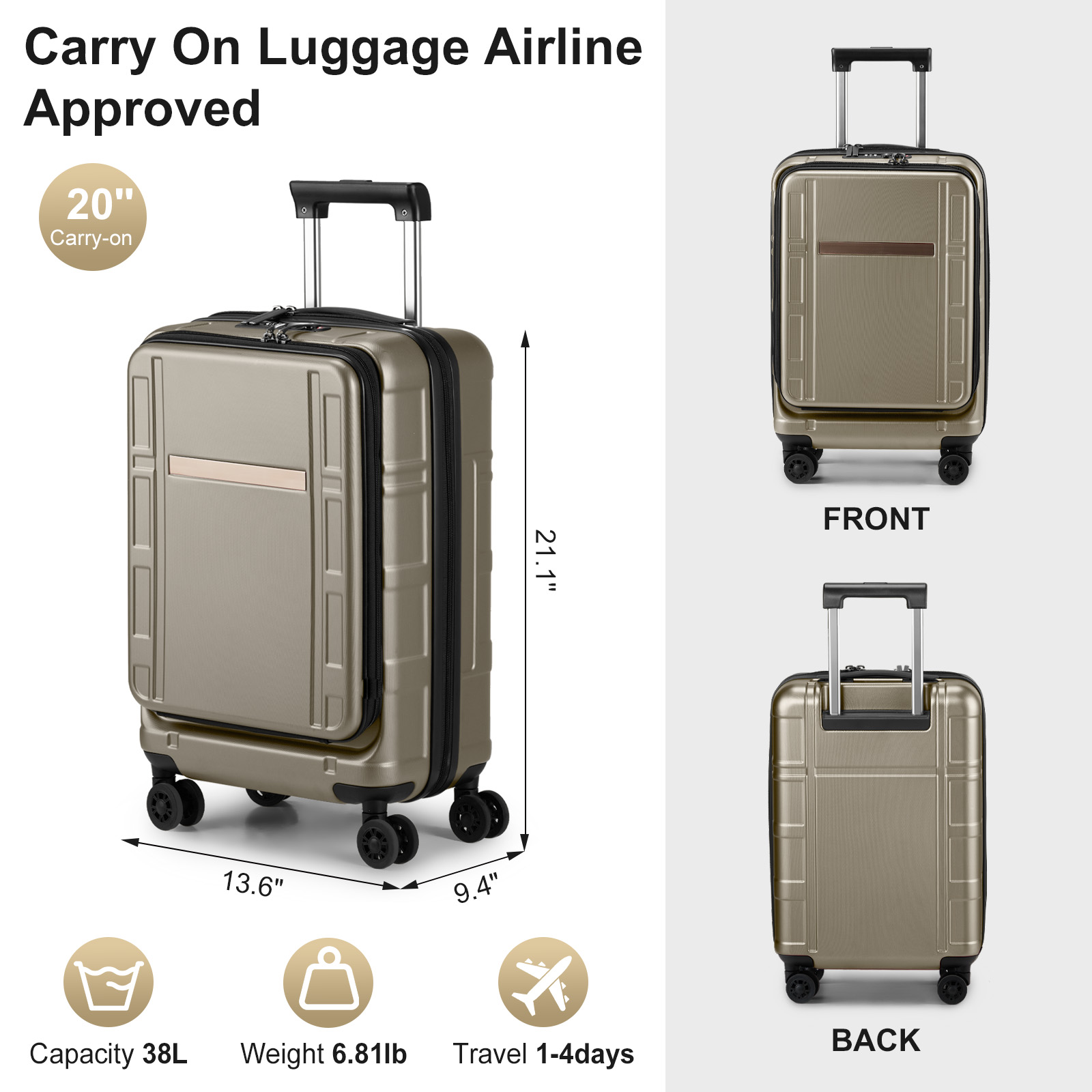 20" Carry On Luggage with Front Pocket Hard Shell Suitcases with Wheels TSA