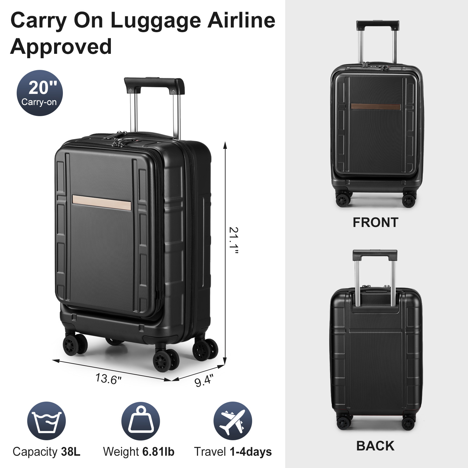 20" Extensible Carry on Luggage 22x14x9 PC+ABS Hard Shell Suitcase Front Pocket