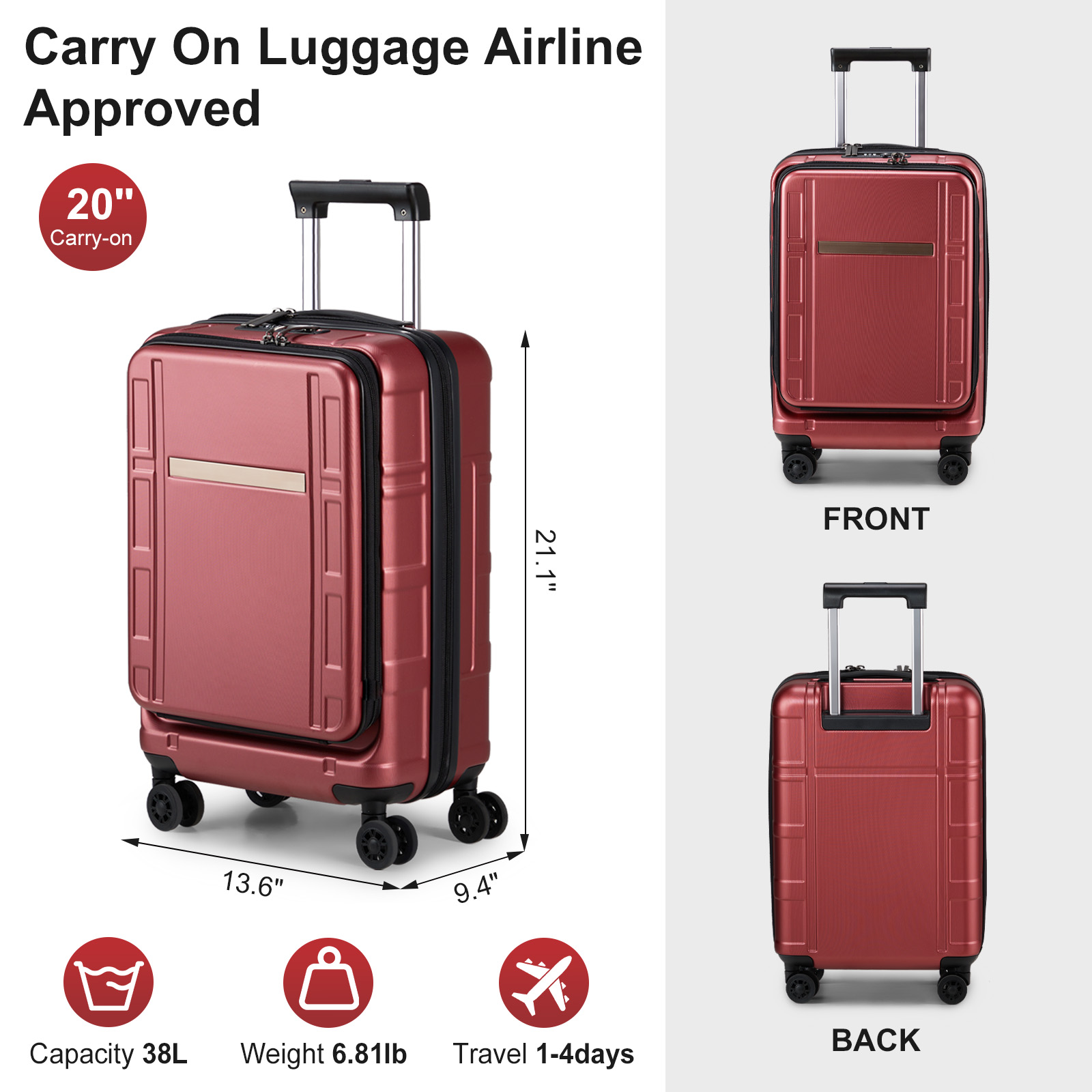 20" Extensible Carry on Luggage 22x14x9 PC+ABS Hard Shell Suitcase Front Pocket