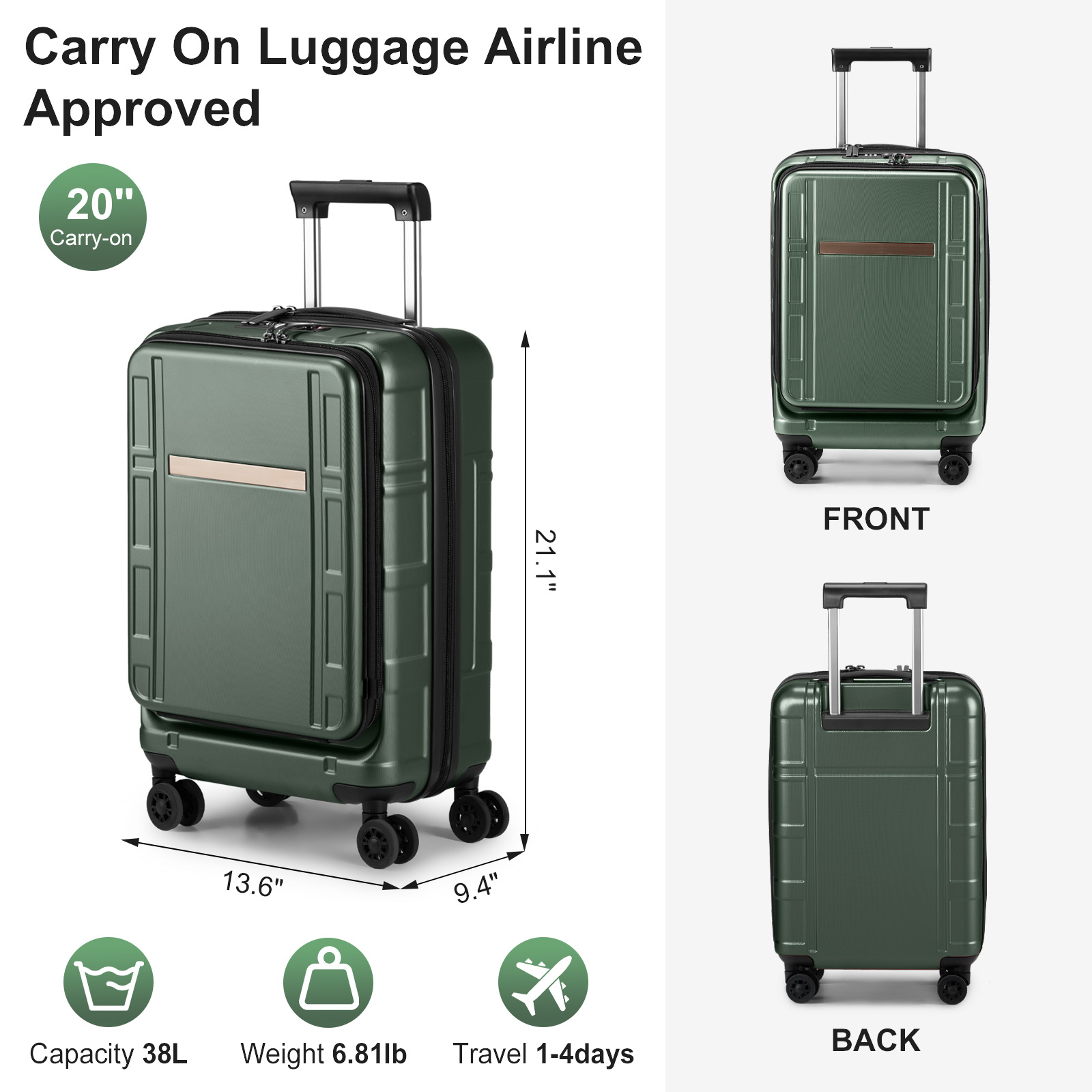 20" Extensible Carry on Luggage 22x14x9 PC+ABS Hard Shell Suitcase Front Pocket