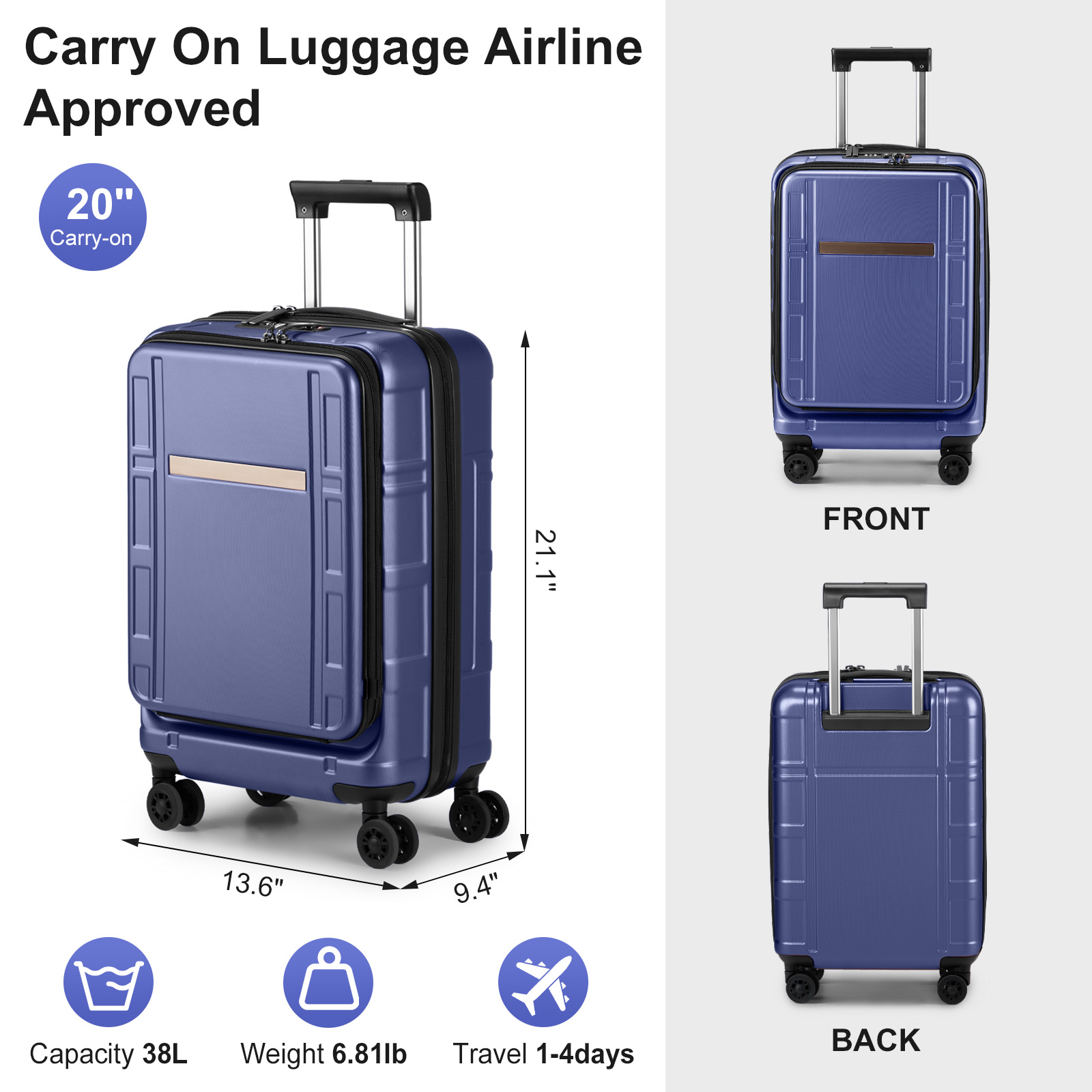 20" Extensible Carry on Luggage 22x14x9 PC+ABS Hard Shell Suitcase Front Pocket