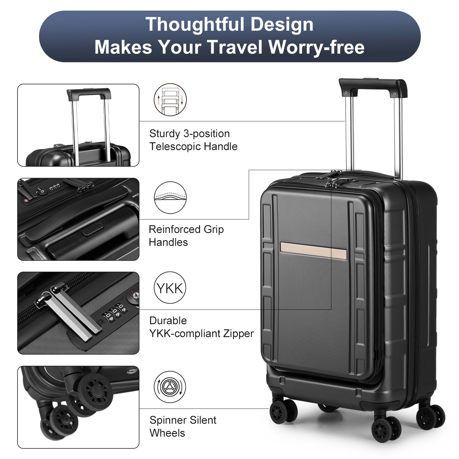 20" Front Open Extensible Luggage Suitcase PC+ABS with Spinner Wheels TSA Lock