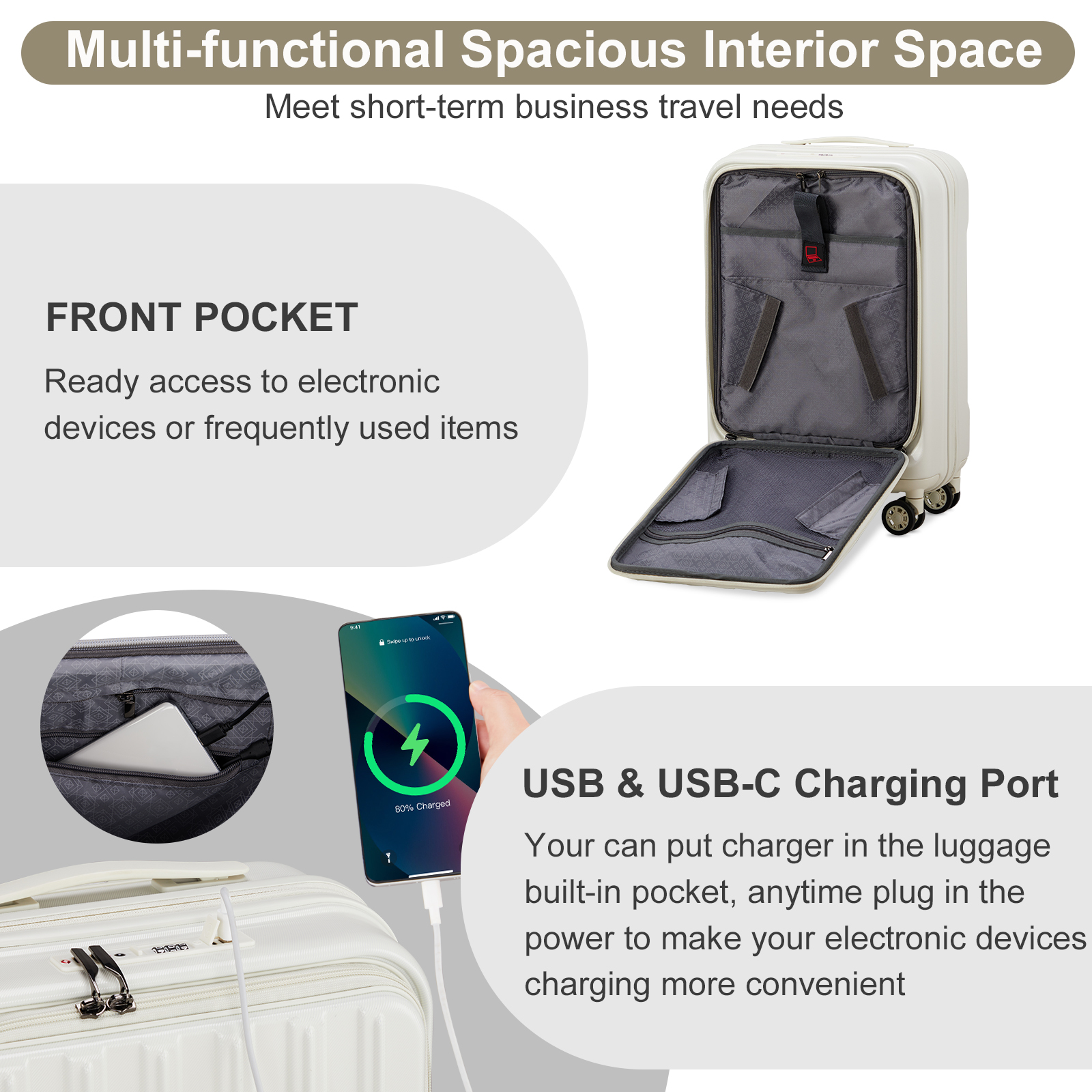 20" Extensible Carry on Luggage USB Port PC+ABS Hard Shell Suitcase Front Pocket - Picture 30 of 58