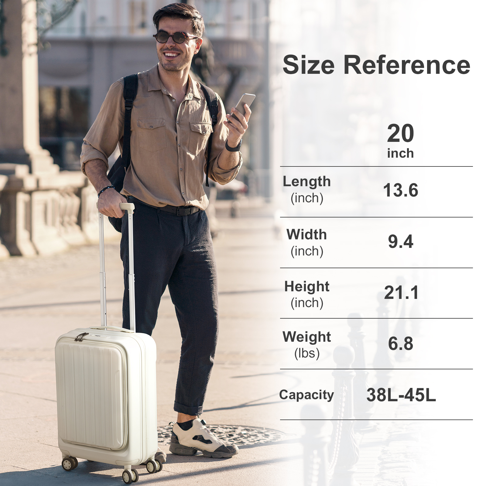 20" Extensible Carry on Luggage USB Port PC+ABS Hard Shell Suitcase Front Pocket - Picture 32 of 58