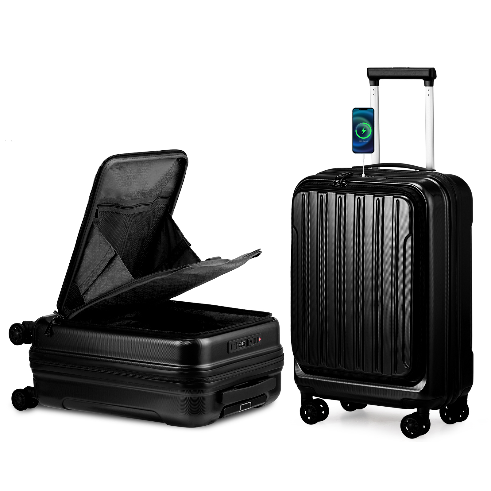 20" Extensible Carry on Luggage USB Port PC+ABS Hard Shell Suitcase Front Pocket - Picture 13 of 58