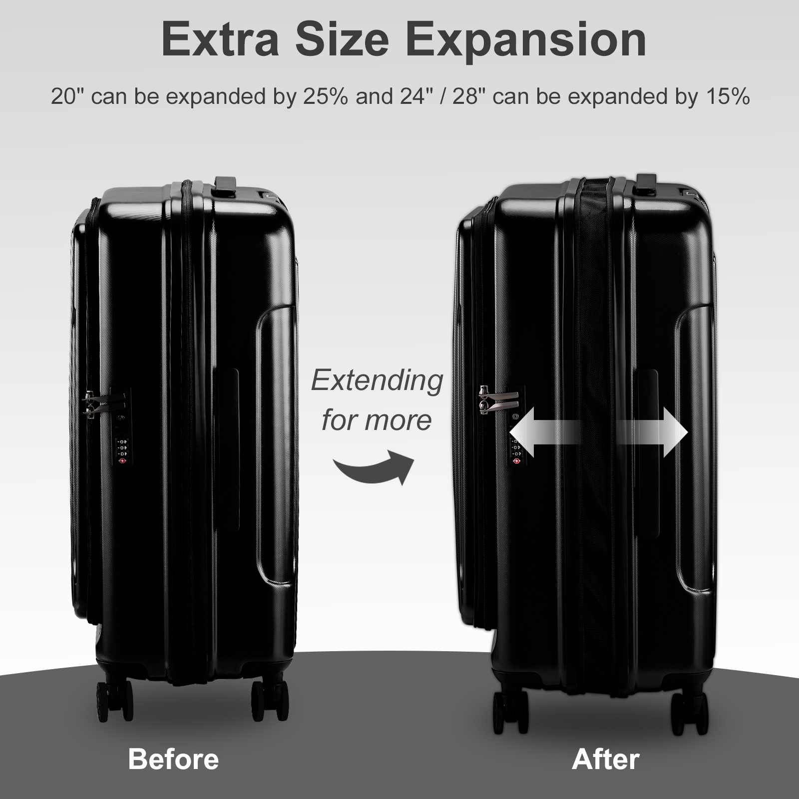 20" Extensible Carry on Luggage USB Port PC+ABS Hard Shell Suitcase Front Pocket - Picture 14 of 58