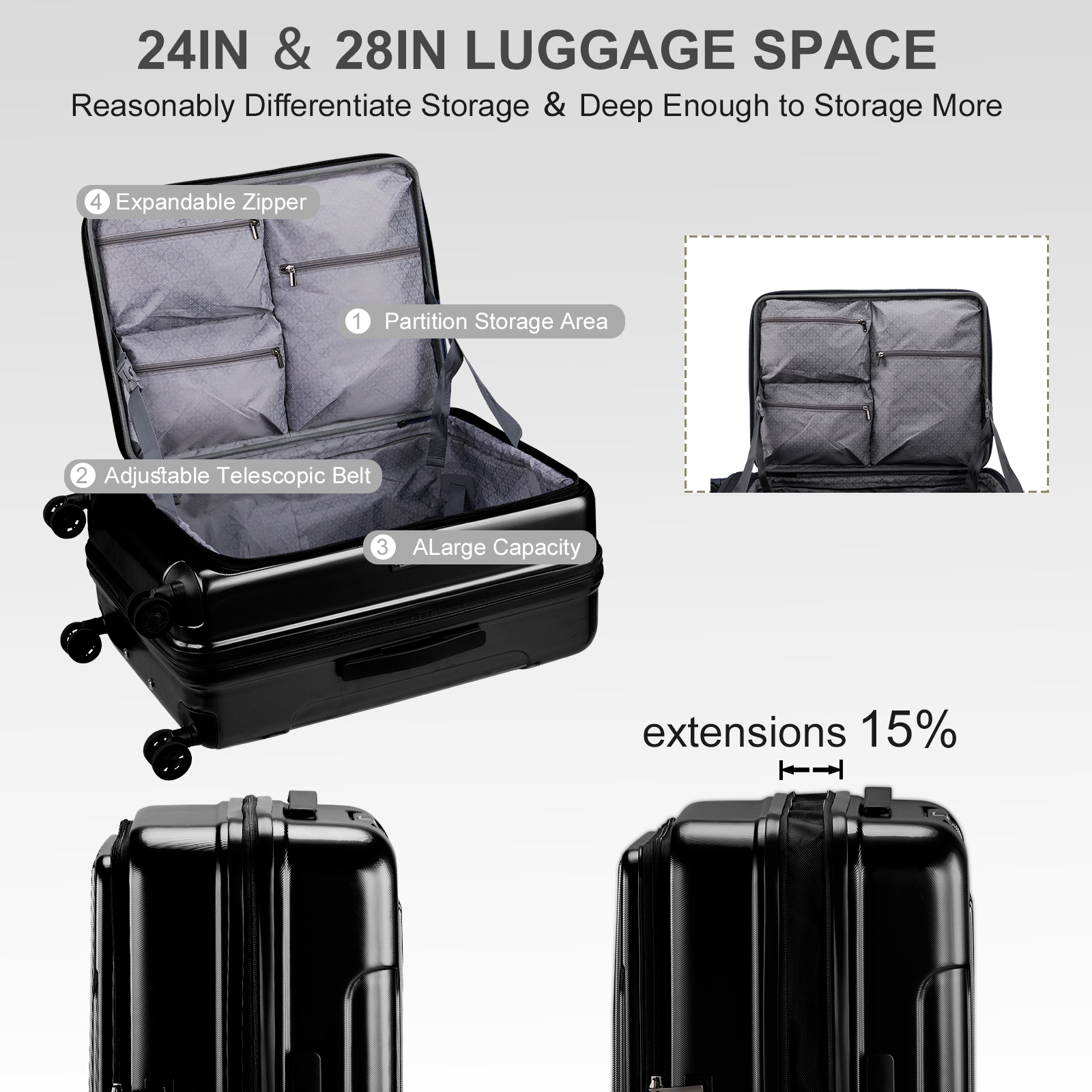 20" Extensible Carry on Luggage USB Port PC+ABS Hard Shell Suitcase Front Pocket - Picture 18 of 58