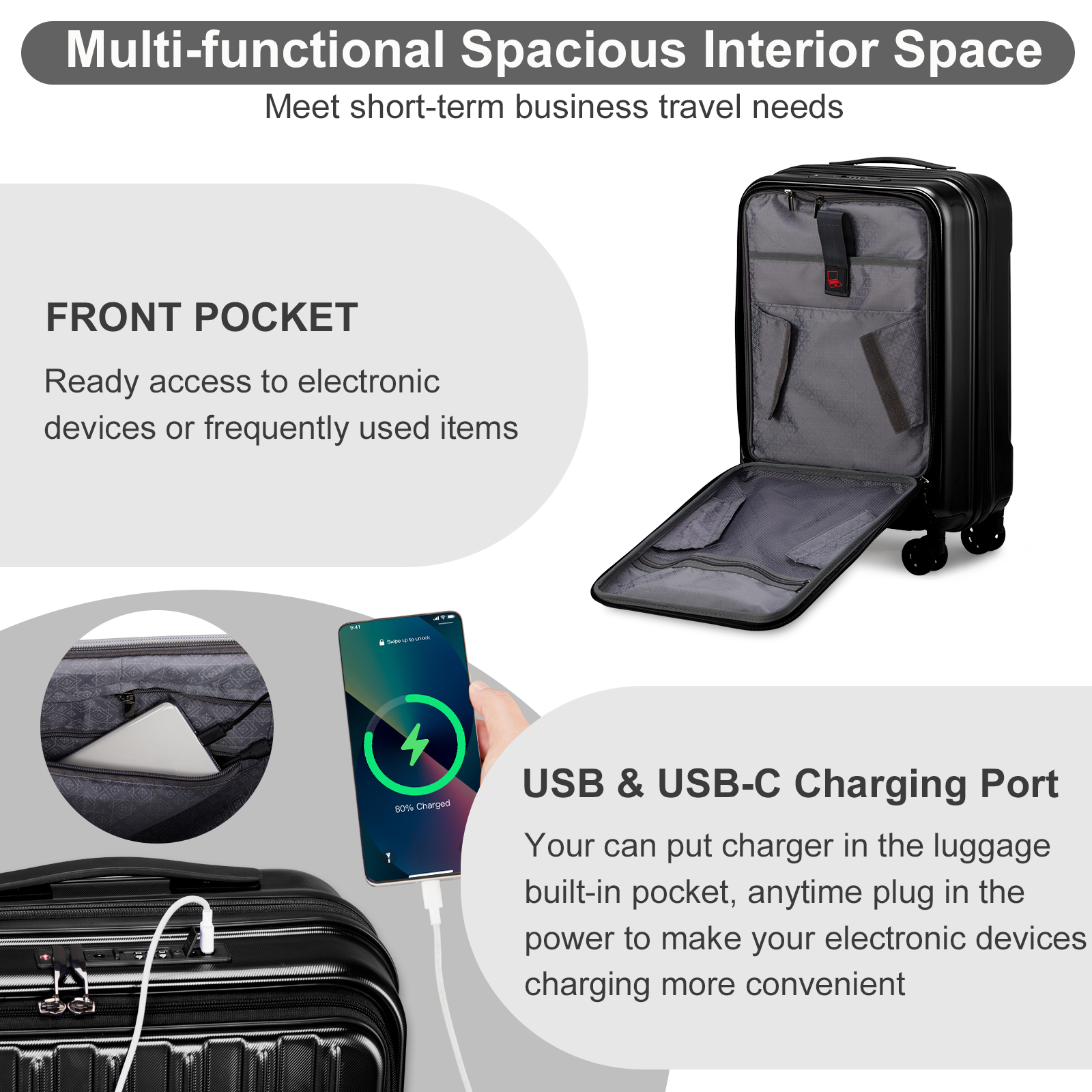 20" Extensible Carry on Luggage USB Port PC+ABS Hard Shell Suitcase Front Pocket - Picture 20 of 58
