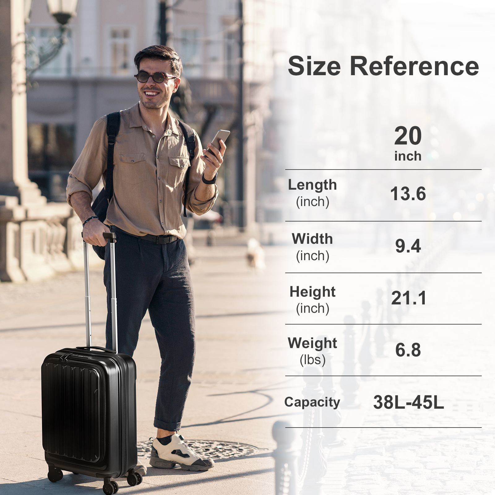 20" Extensible Carry on Luggage USB Port PC+ABS Hard Shell Suitcase Front Pocket - Picture 23 of 58