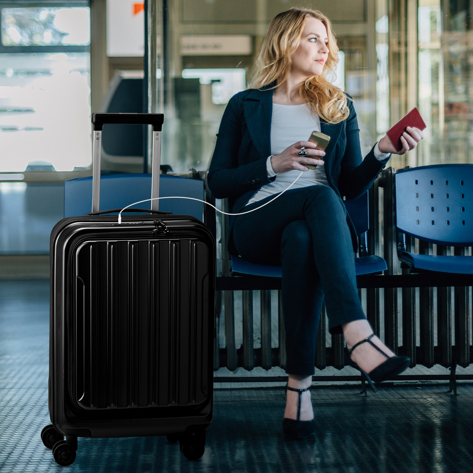 20" Extensible Carry on Luggage USB Port PC+ABS Hard Shell Suitcase Front Pocket - Picture 24 of 58