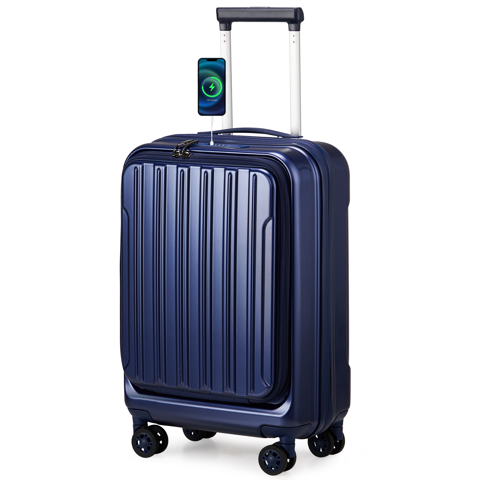 20" Extensible Carry on Luggage USB Port PC+ABS Hard Shell Suitcase Front Pocket - Picture 35 of 58