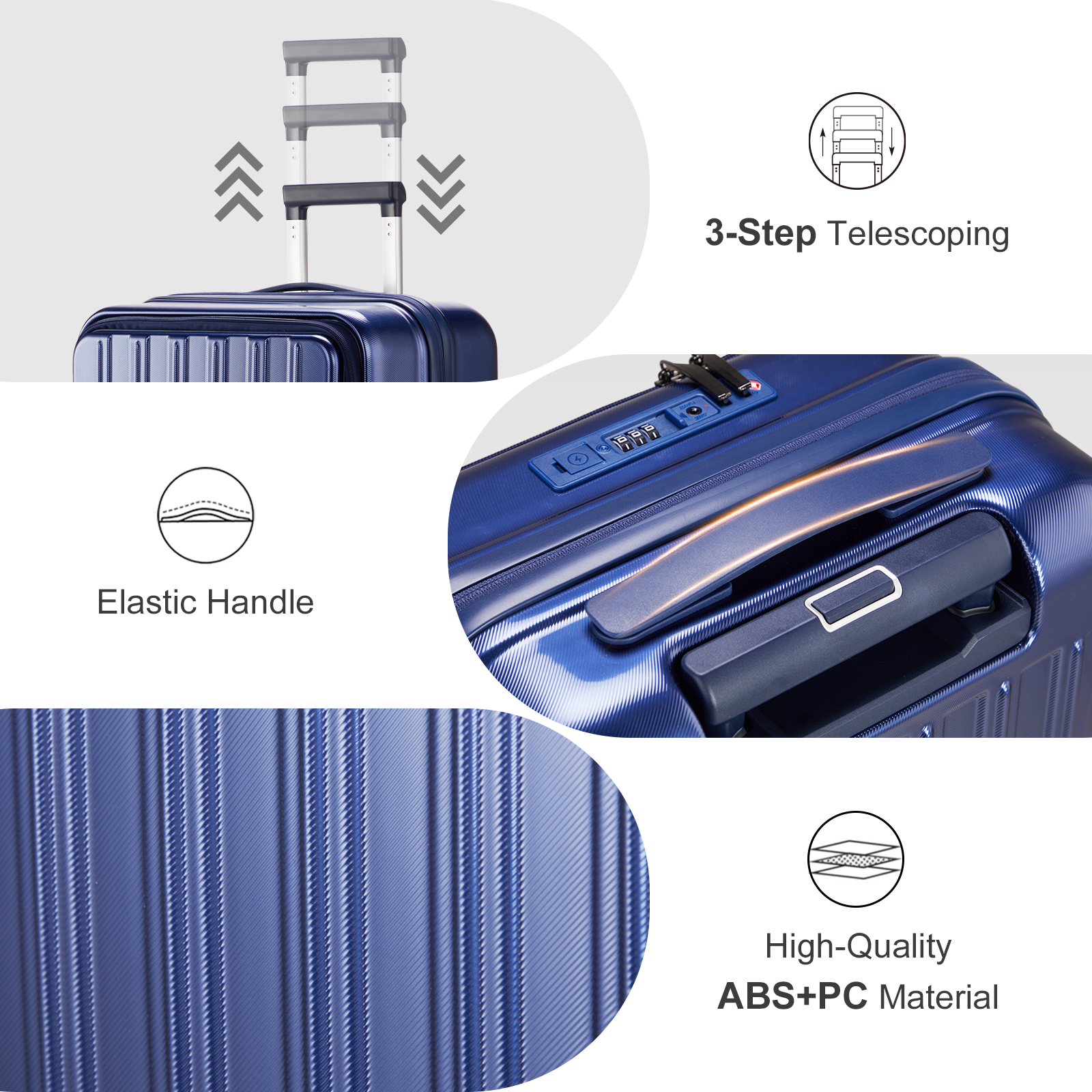20" Extensible Carry on Luggage USB Port PC+ABS Hard Shell Suitcase Front Pocket - Picture 36 of 58