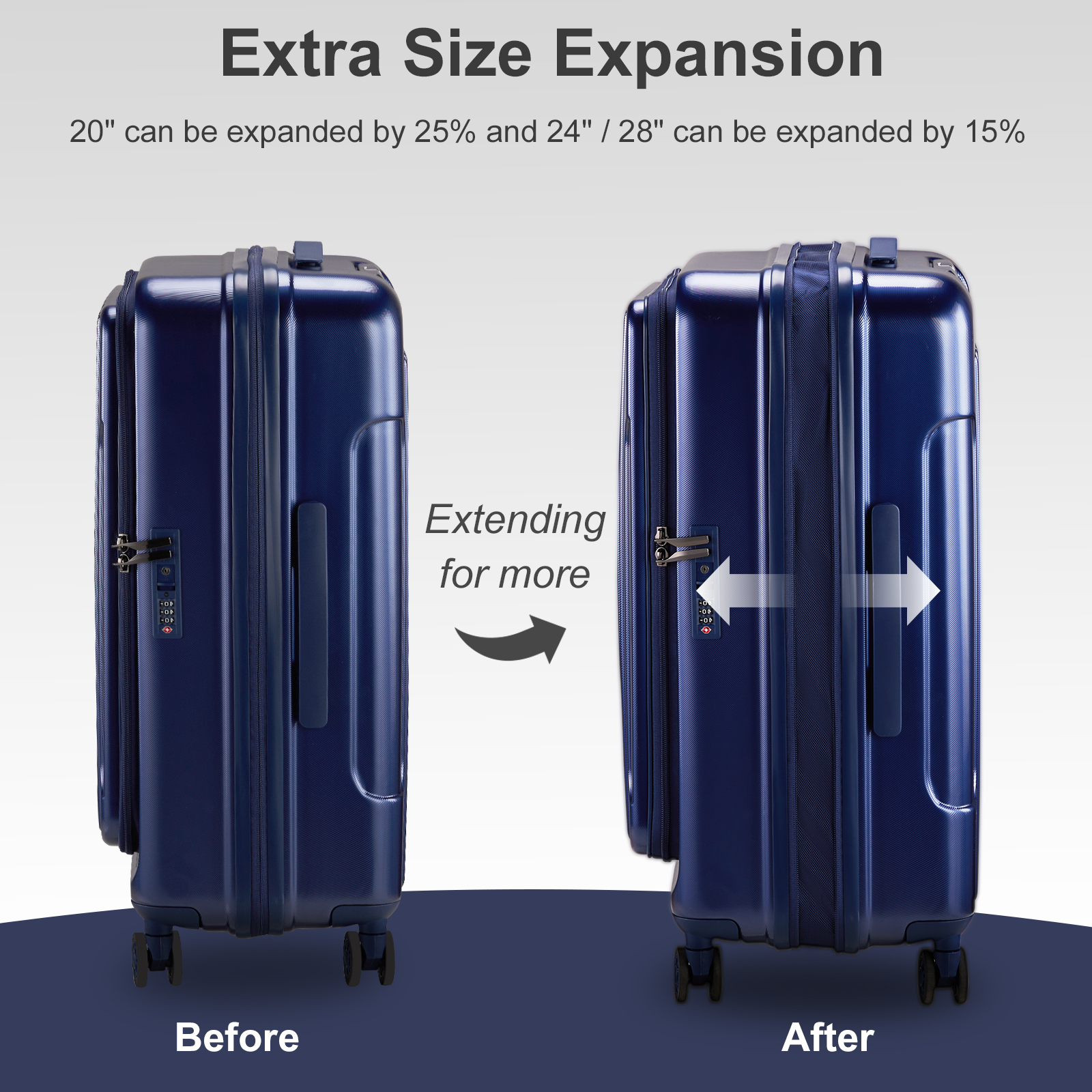 20" Extensible Carry on Luggage USB Port PC+ABS Hard Shell Suitcase Front Pocket - Picture 38 of 58