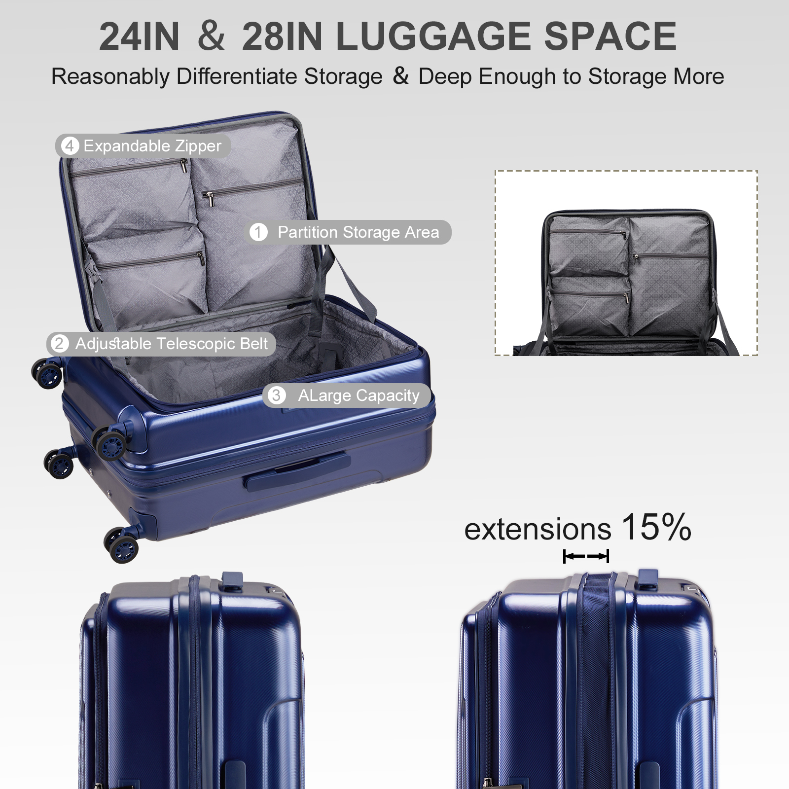 20" Extensible Carry on Luggage USB Port PC+ABS Hard Shell Suitcase Front Pocket - Picture 40 of 58