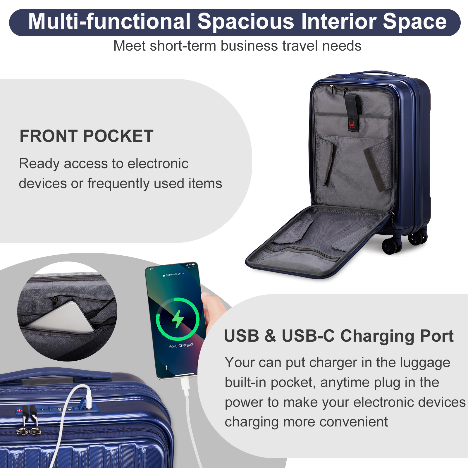 20" Extensible Carry on Luggage USB Port PC+ABS Hard Shell Suitcase Front Pocket - Picture 41 of 58